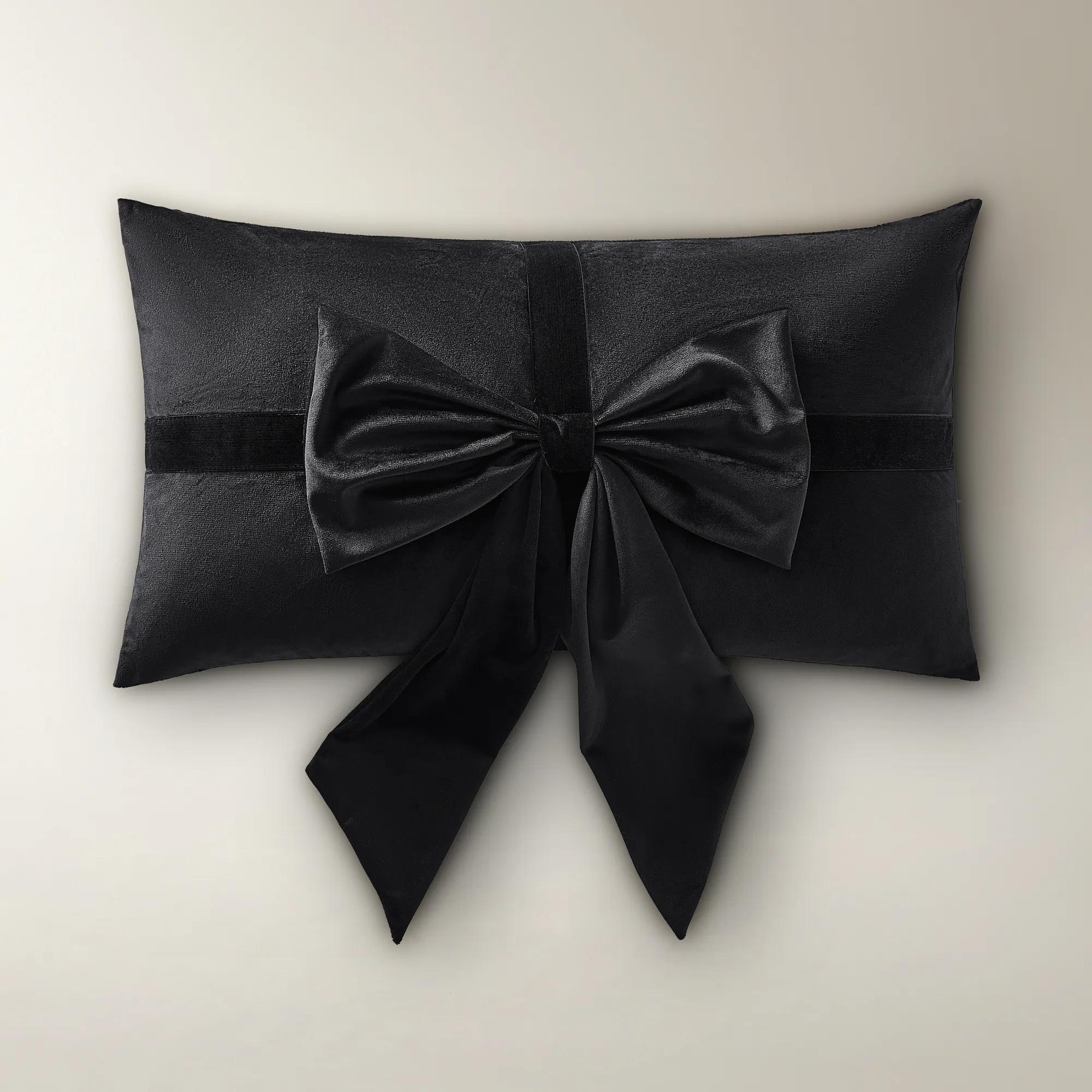 Velvet Bow Lumbar Pillow 14" x 20"- Black