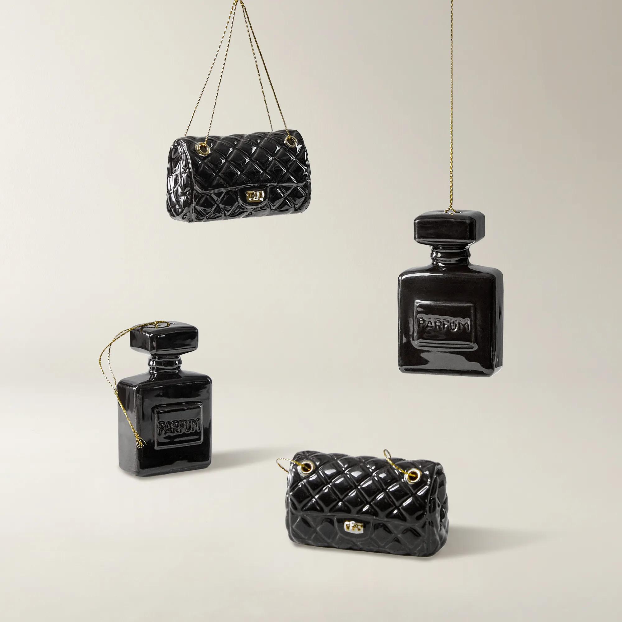 Parfum Bottle & Handbag Ornaments Glossy Black - Set of 4