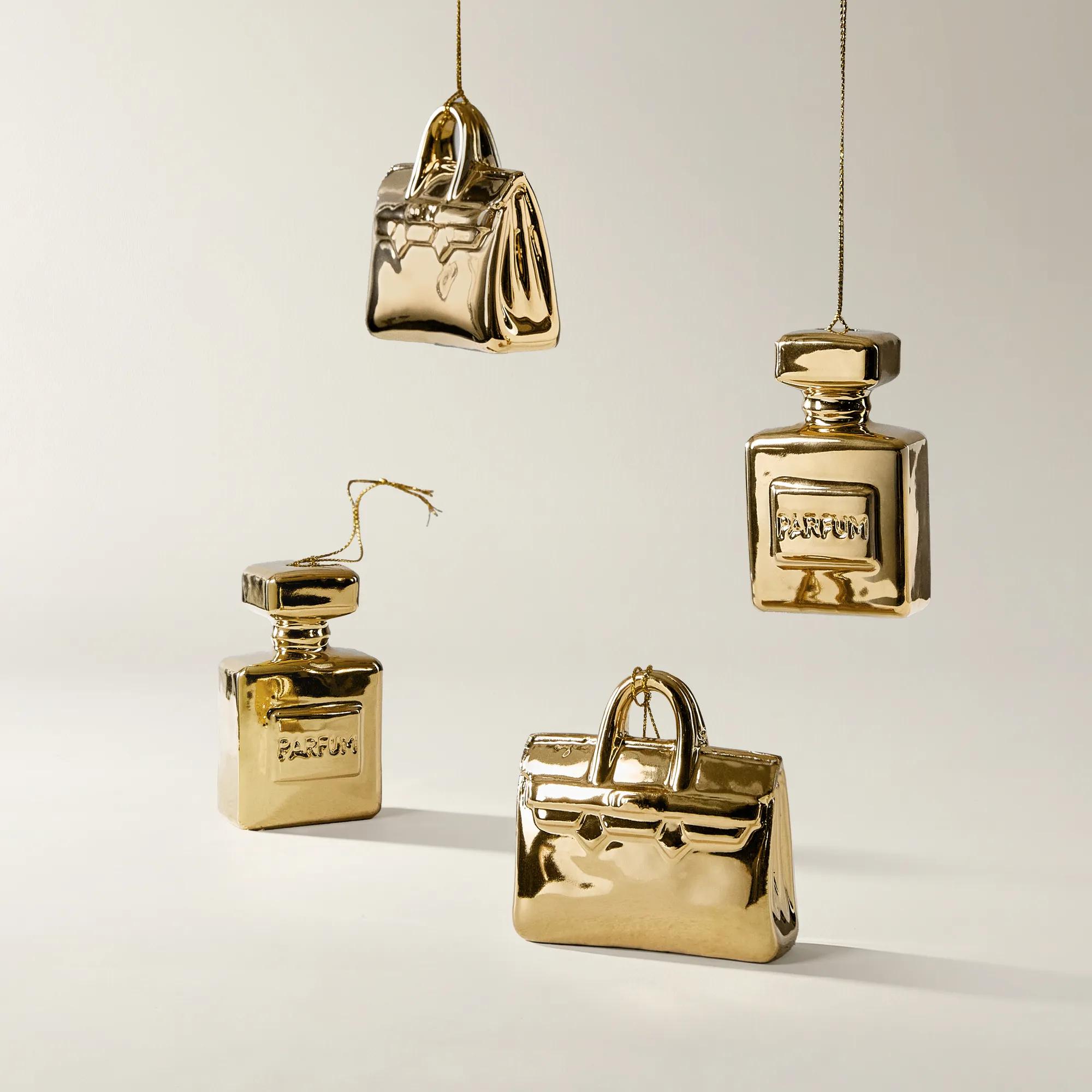 Parfum Bottle & Handbag Ornaments Metallic Gold - Set of 4