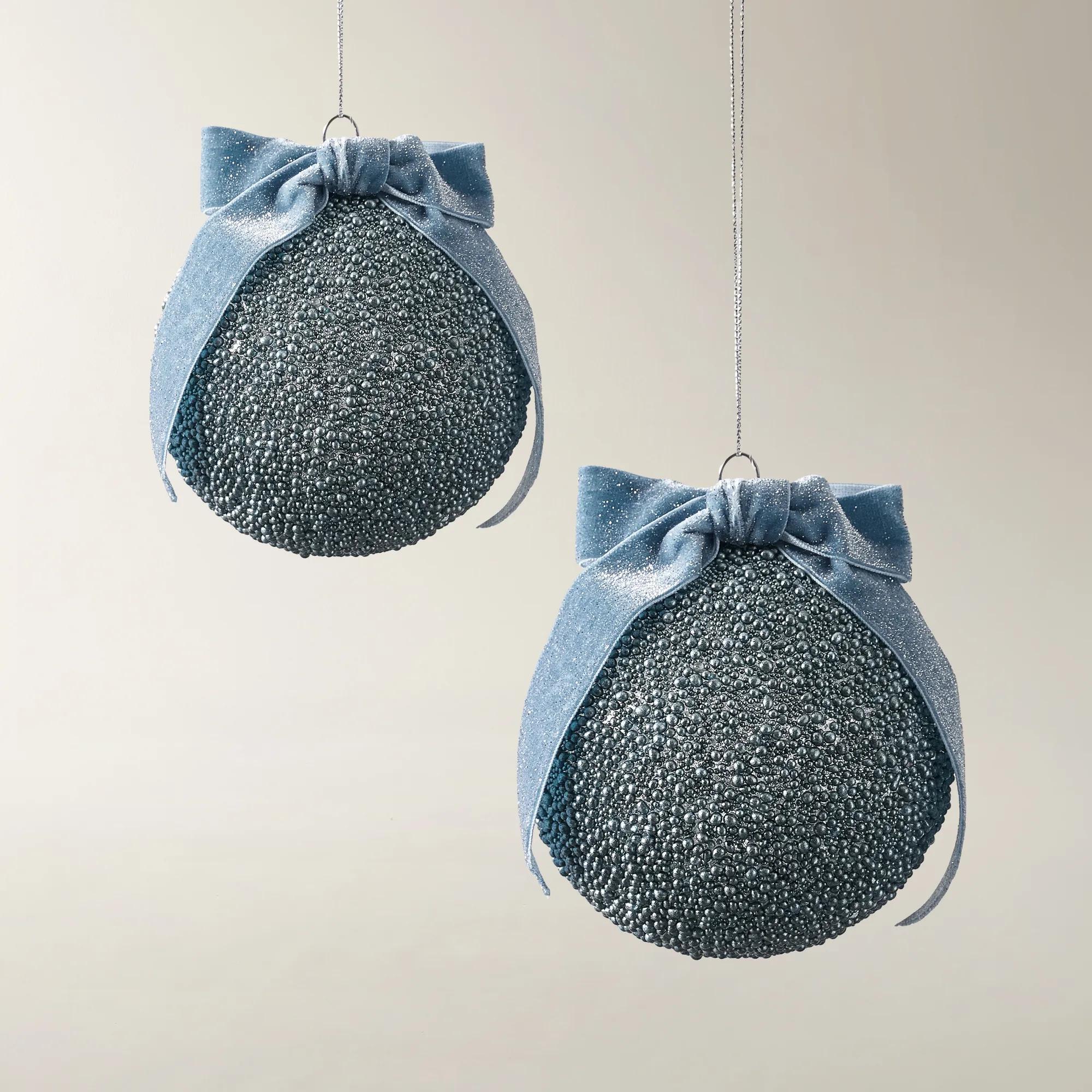 Velvet Bow Ornament Dusty Blue 4.75" - Set of 2
