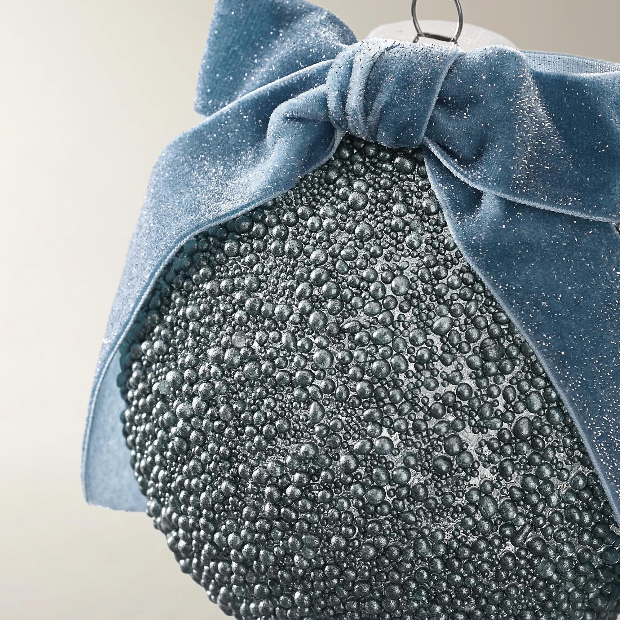 Velvet Bow Ornament Dusty Blue 4.75" - Set of 2