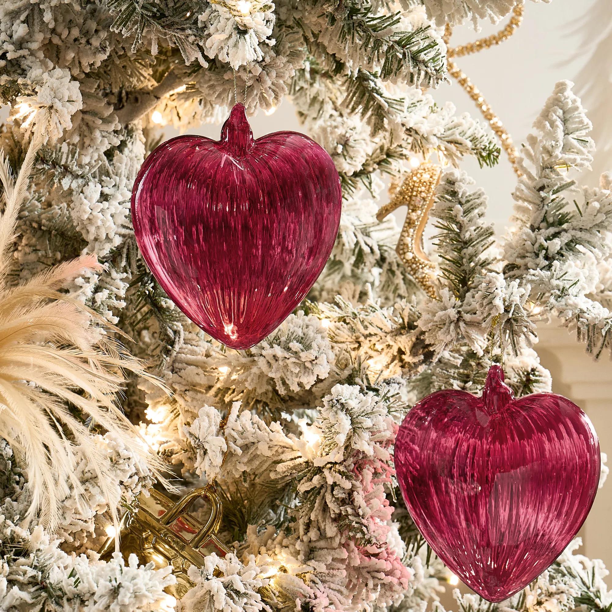 Large Ruby Glass Heart Ornament - Set of 2
