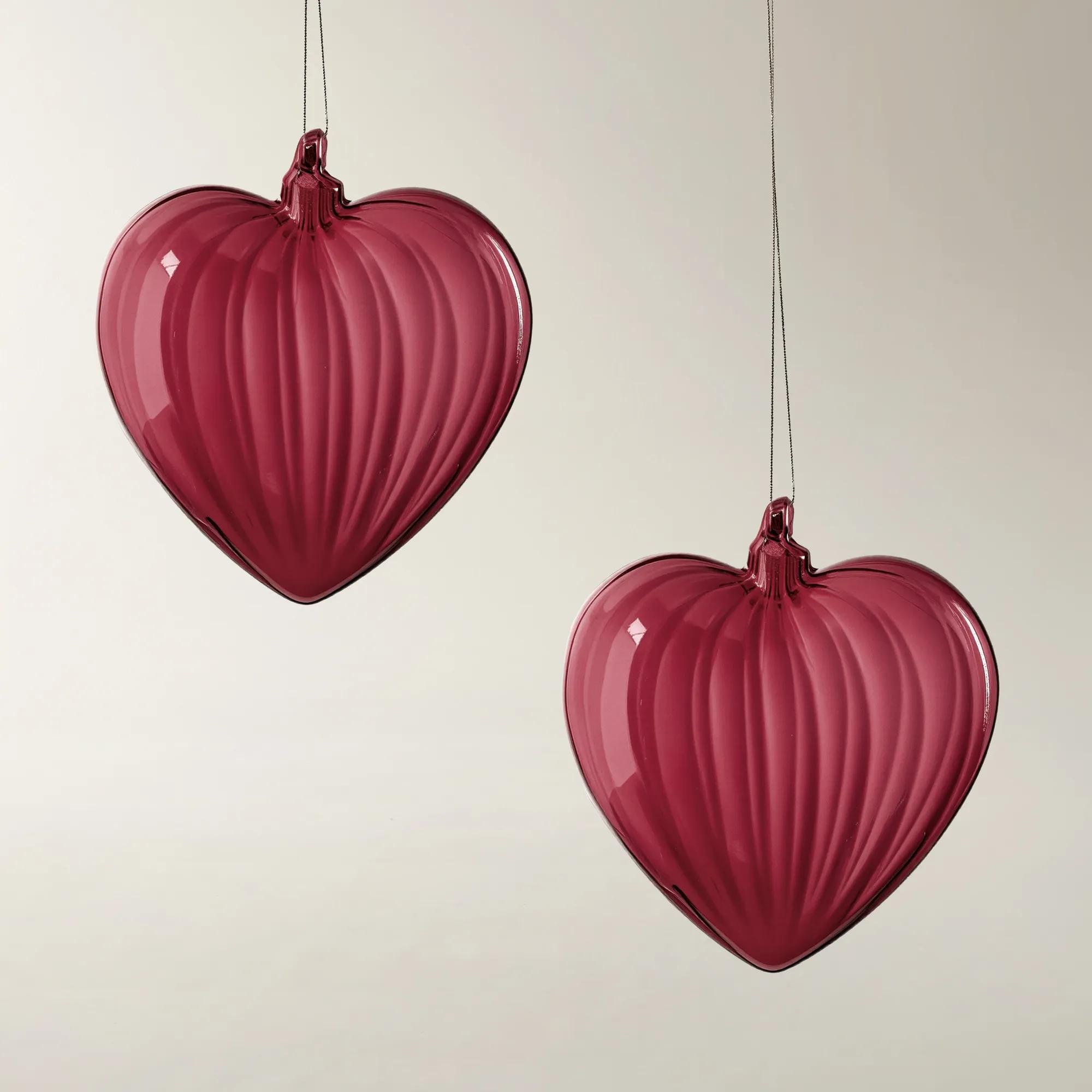 Large Ruby Glass Heart Ornament - Set of 2
