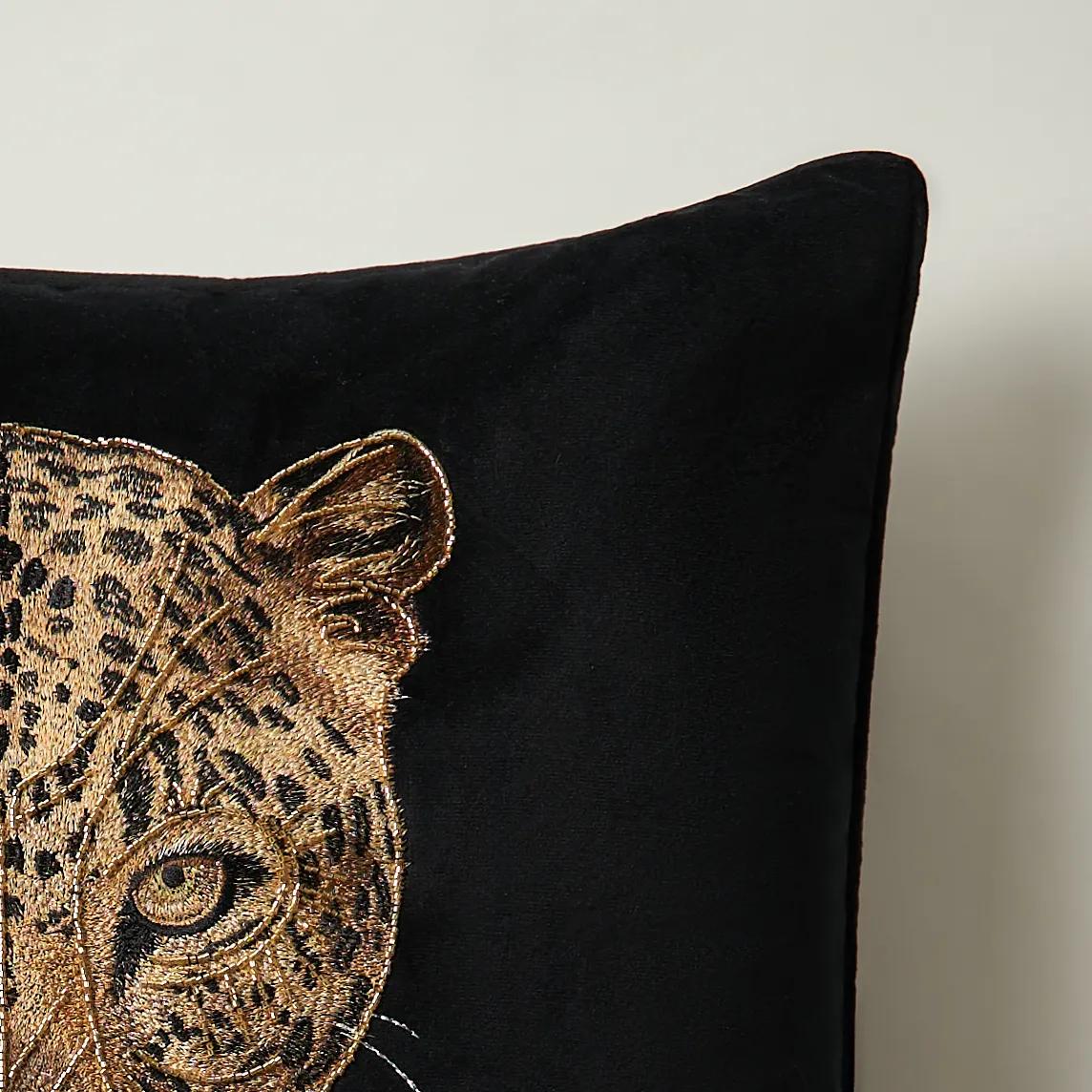 Namir Leopard Beaded Embroidered Black/Gold Velvet Pillow 22" x 22"