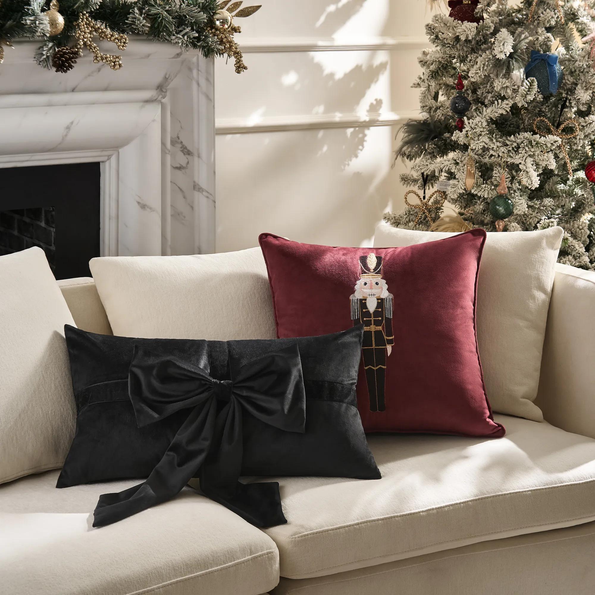Velvet Bow Lumbar Pillow 14" x 20"- Black