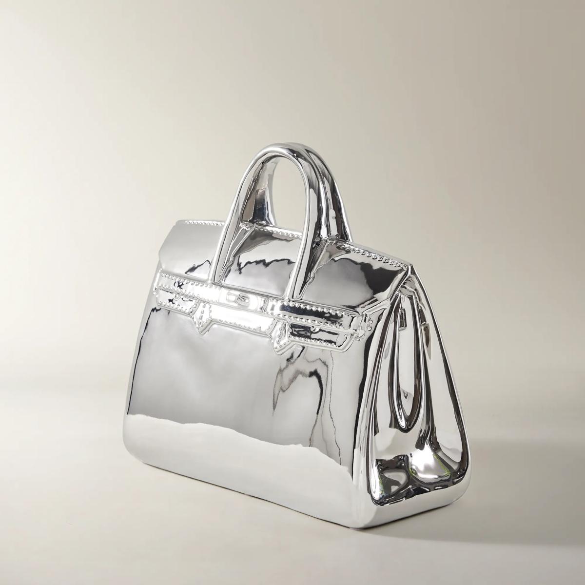 Handbag Silver Ceramic High Gloss Coin Bank Large