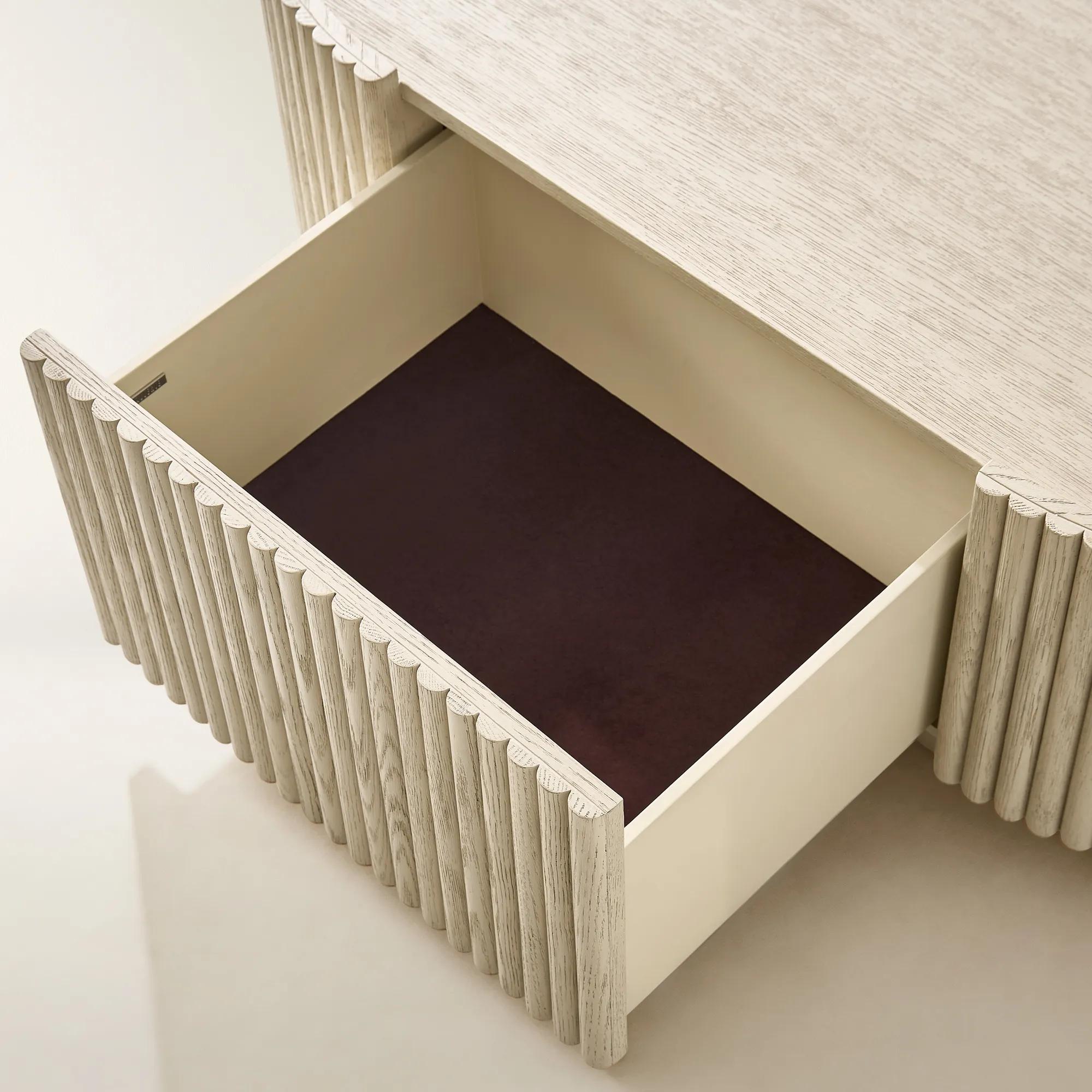 Stria Round Reeded White Oak Coffee Table with Drawer (42.3")