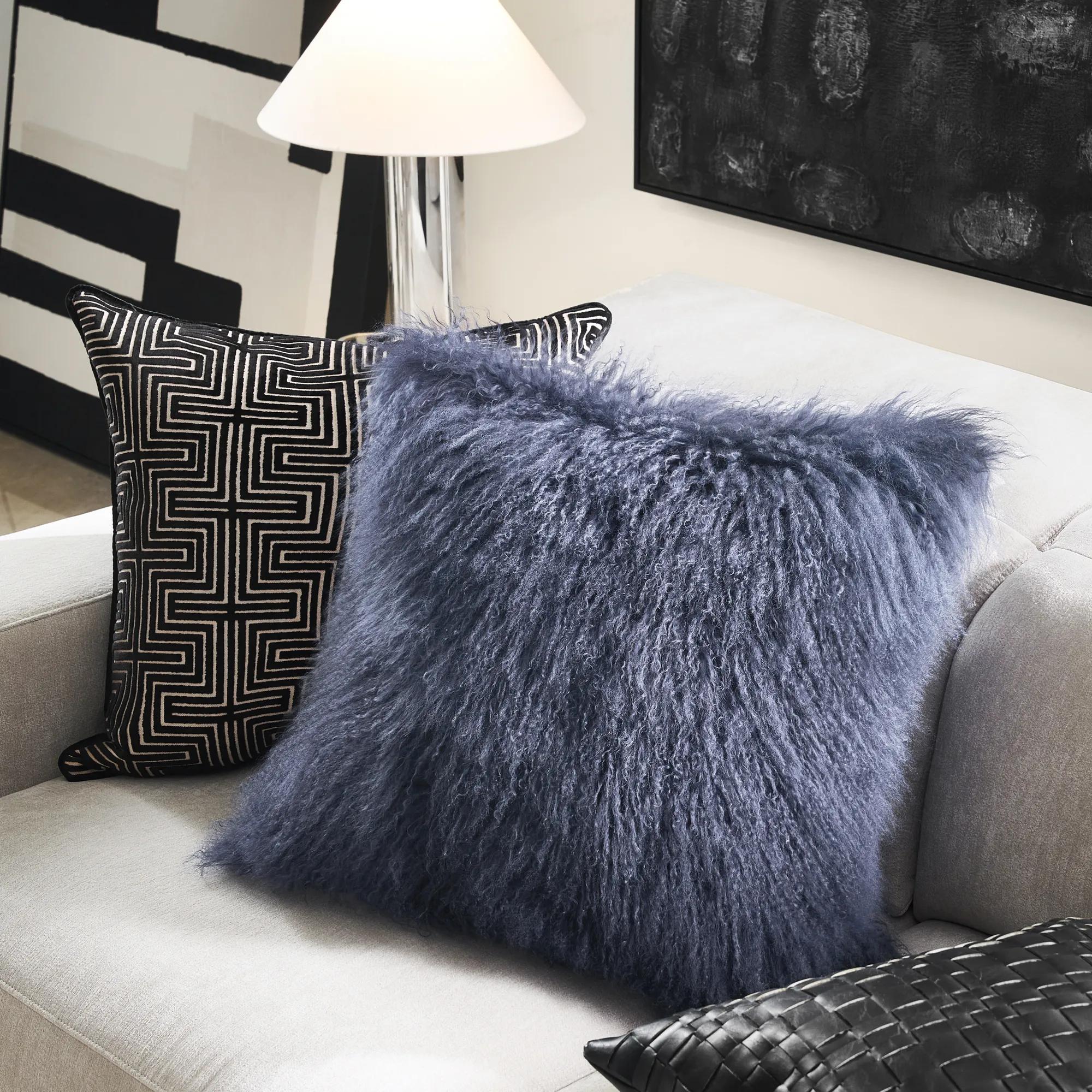 Mia Dusty Blue Mongolian Lamb Fur Pillow 22" x 22"