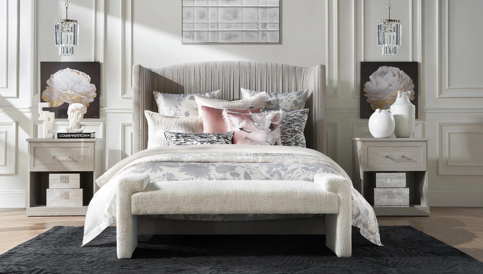 Crane Embroidered Pillow 20" - Dusty Rose