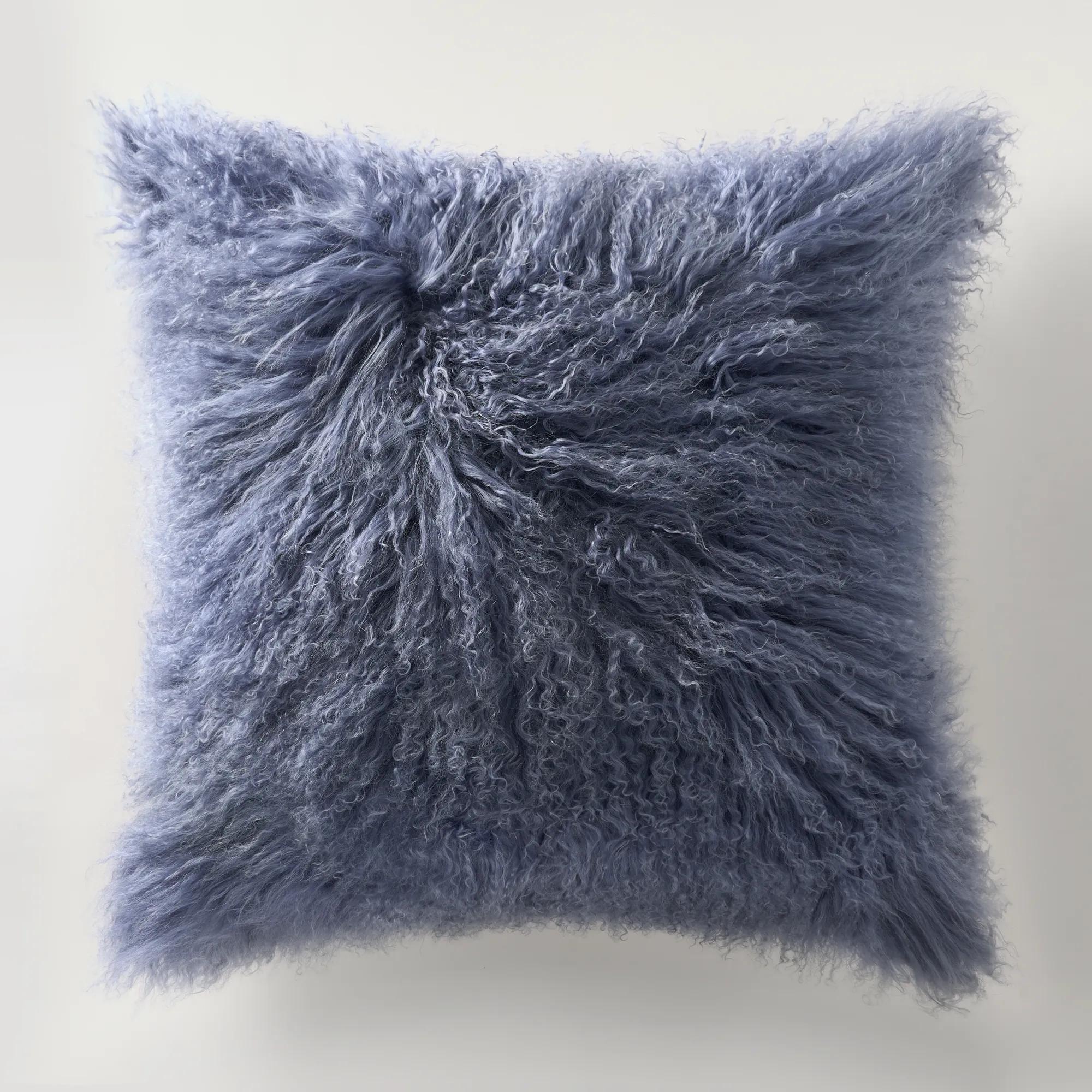 Mia Dusty Blue Mongolian Lamb Fur Pillow 22" x 22"