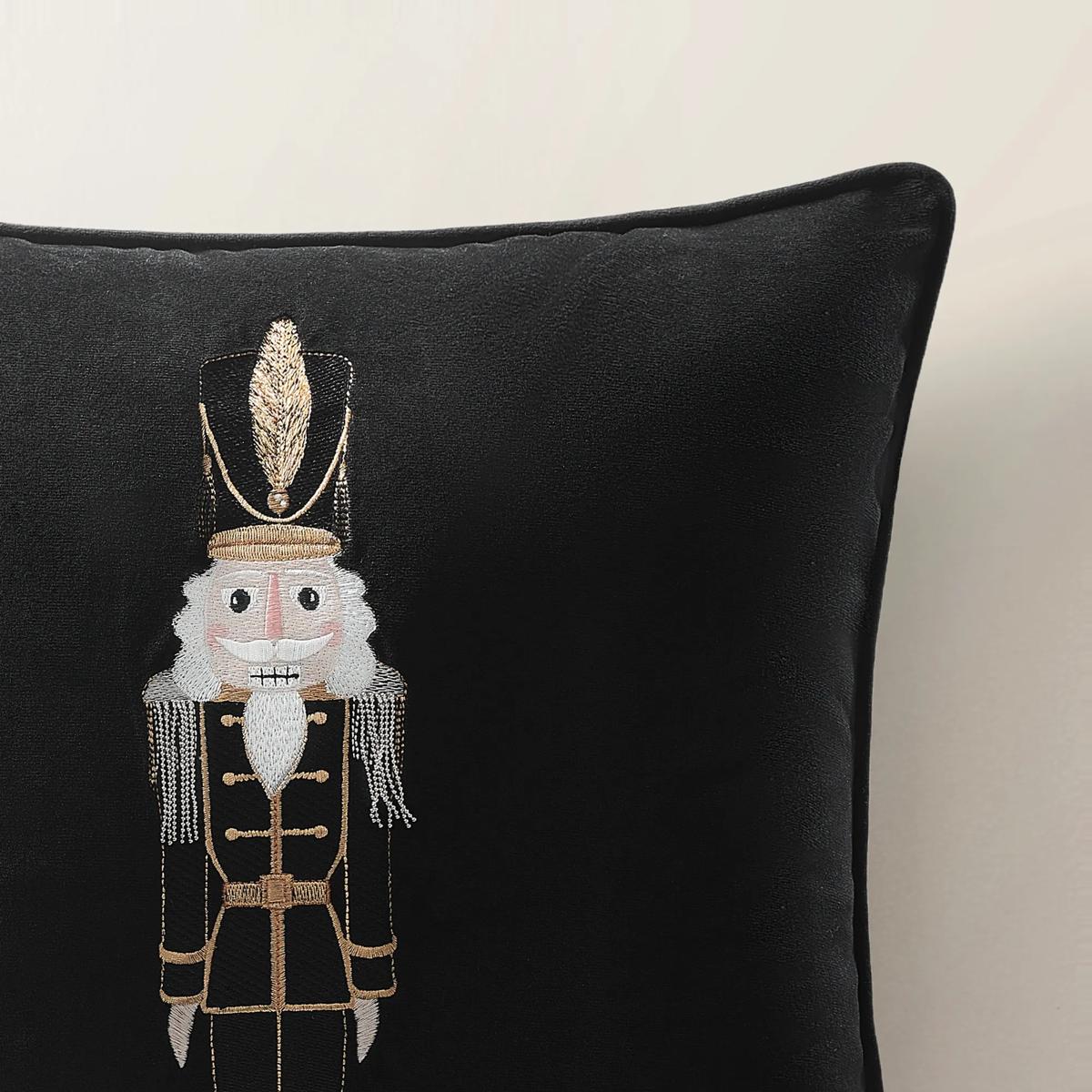 Nutcracker Embroidered Black Velvet Holiday Pillow 20" x 20"