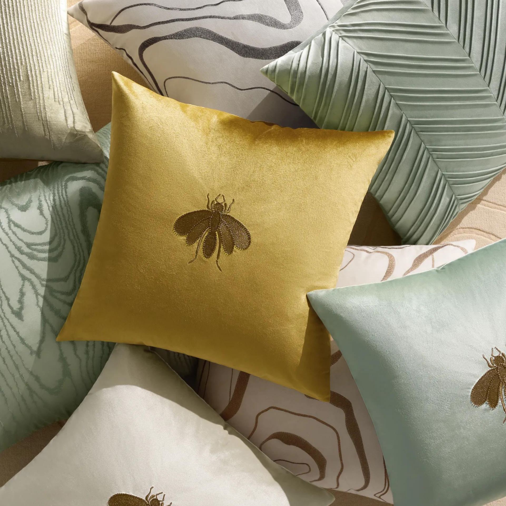 Bee Embroidered Velvet Pillow 20" - Honey Gold/Bronze