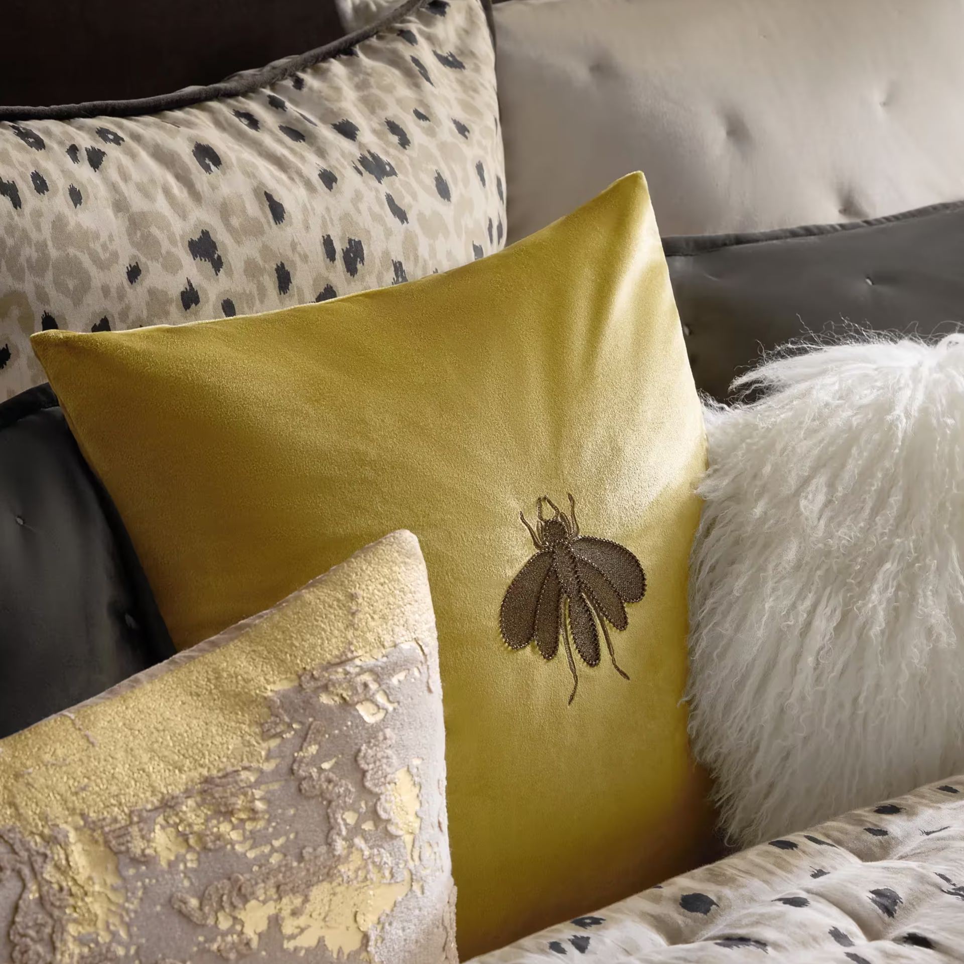 Bee Embroidered Velvet Pillow 20" - Honey Gold/Bronze