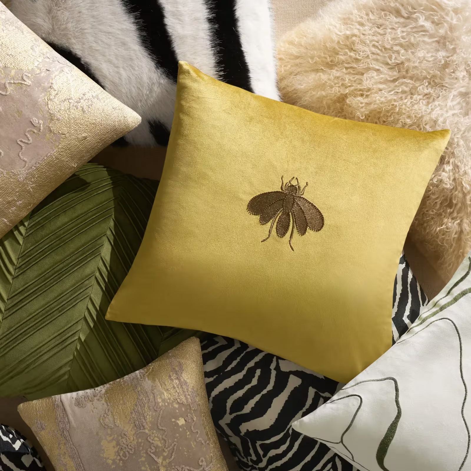 Bee Embroidered Velvet Pillow 20" - Honey Gold/Bronze