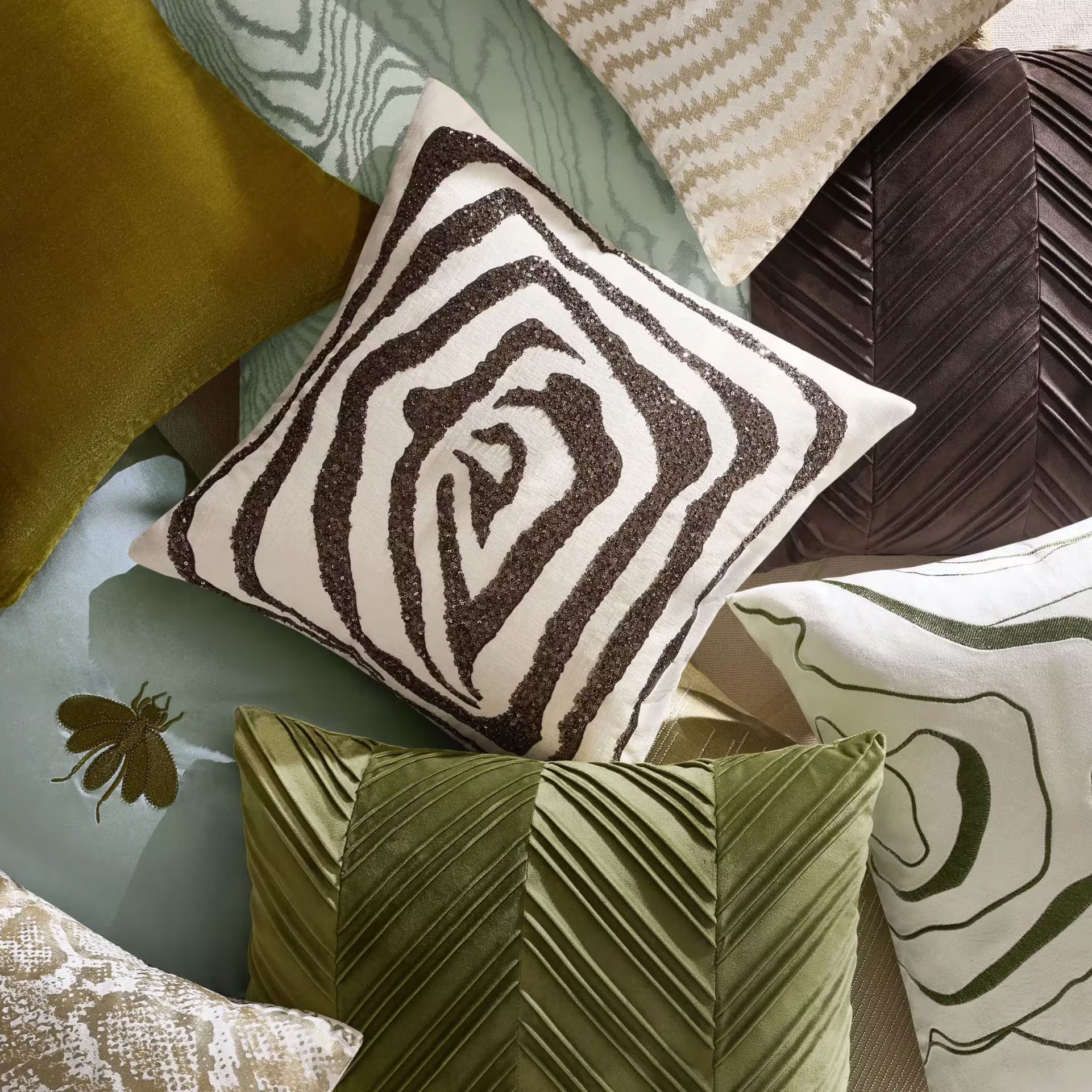 Encina Embroidered Pillow 22" - Olive Green/Ivory