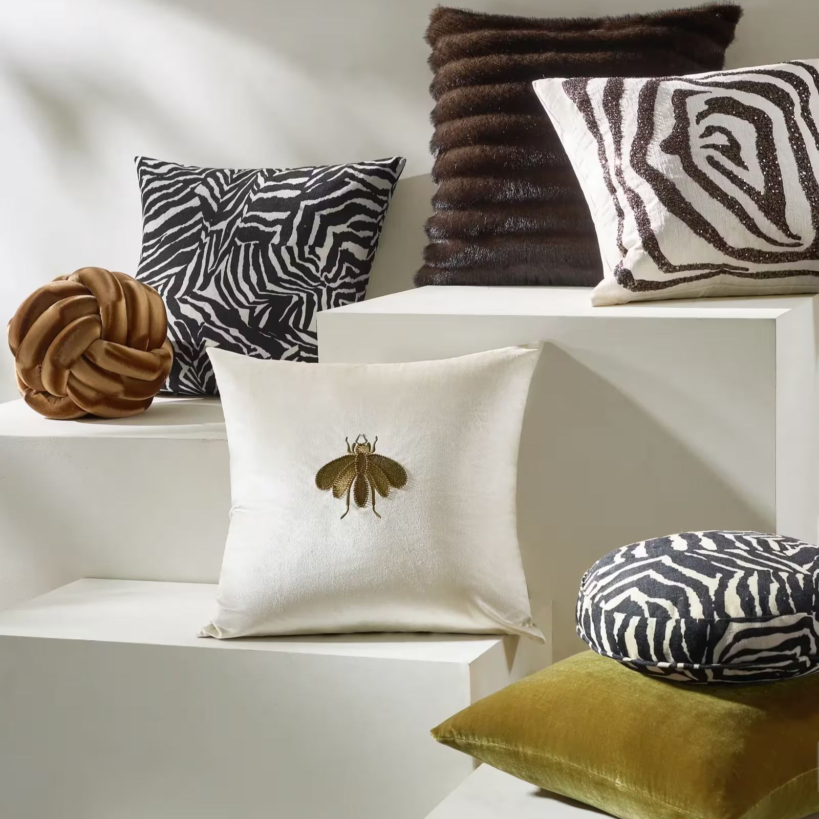 Bee Embroidered Velvet Pillow 20" - Cloud/Bronze