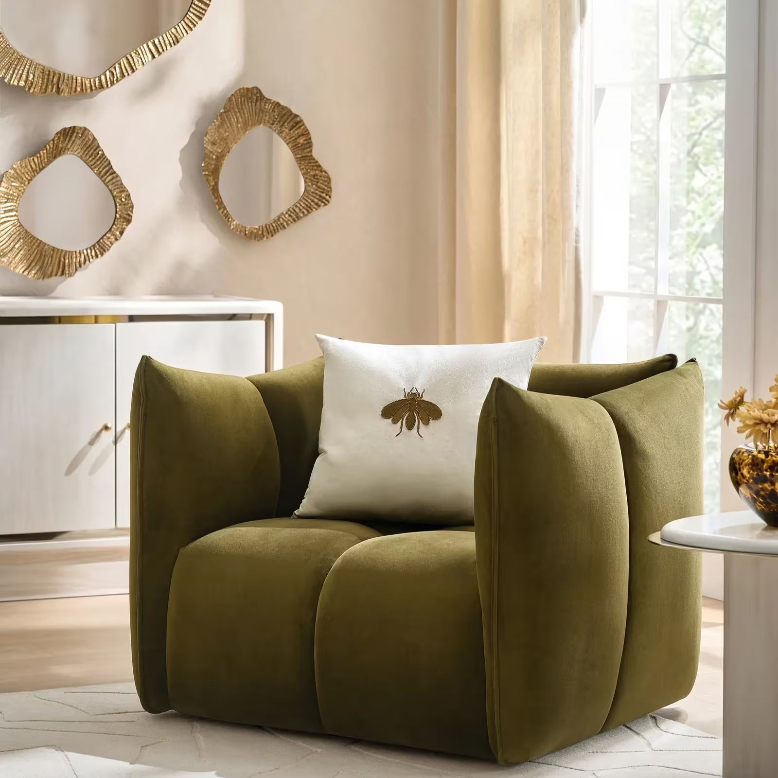 Bee Embroidered Velvet Pillow 20" - Cloud/Bronze