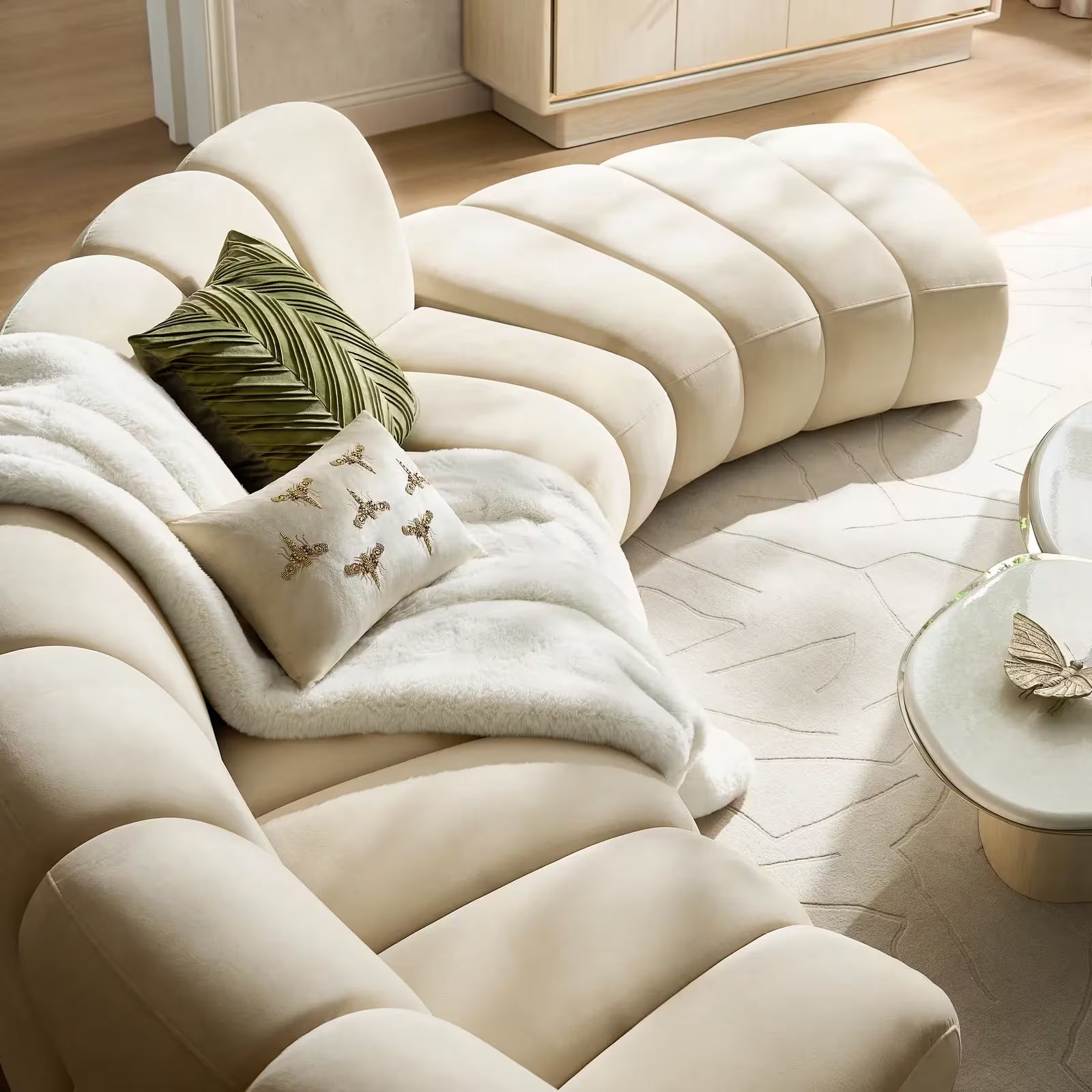 Jocelyn 2-Piece Channel-Tufted Oatmeal Velvet Sectional Sofa