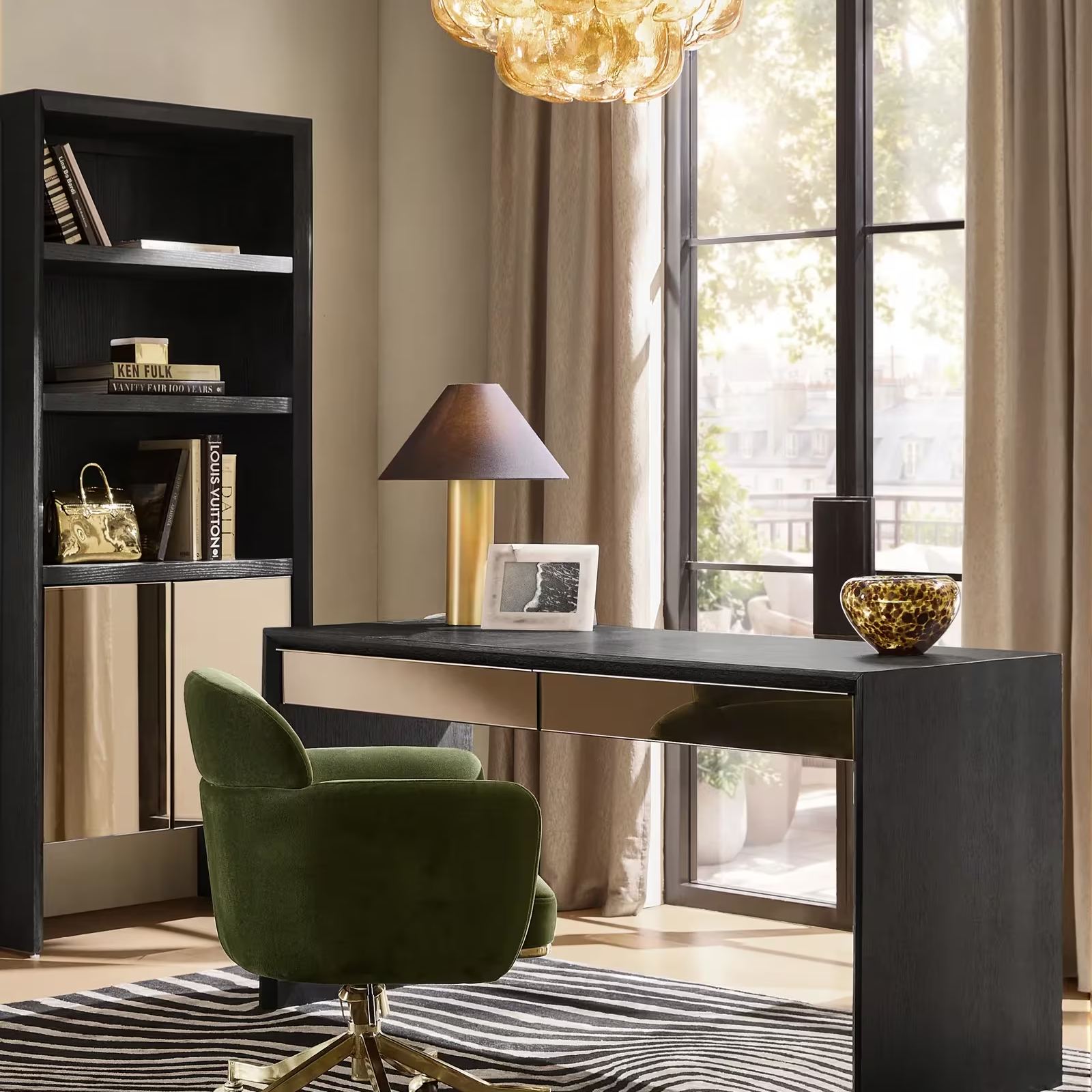 Glimmer Black Oak Bookcase With Mirrored Door (80")