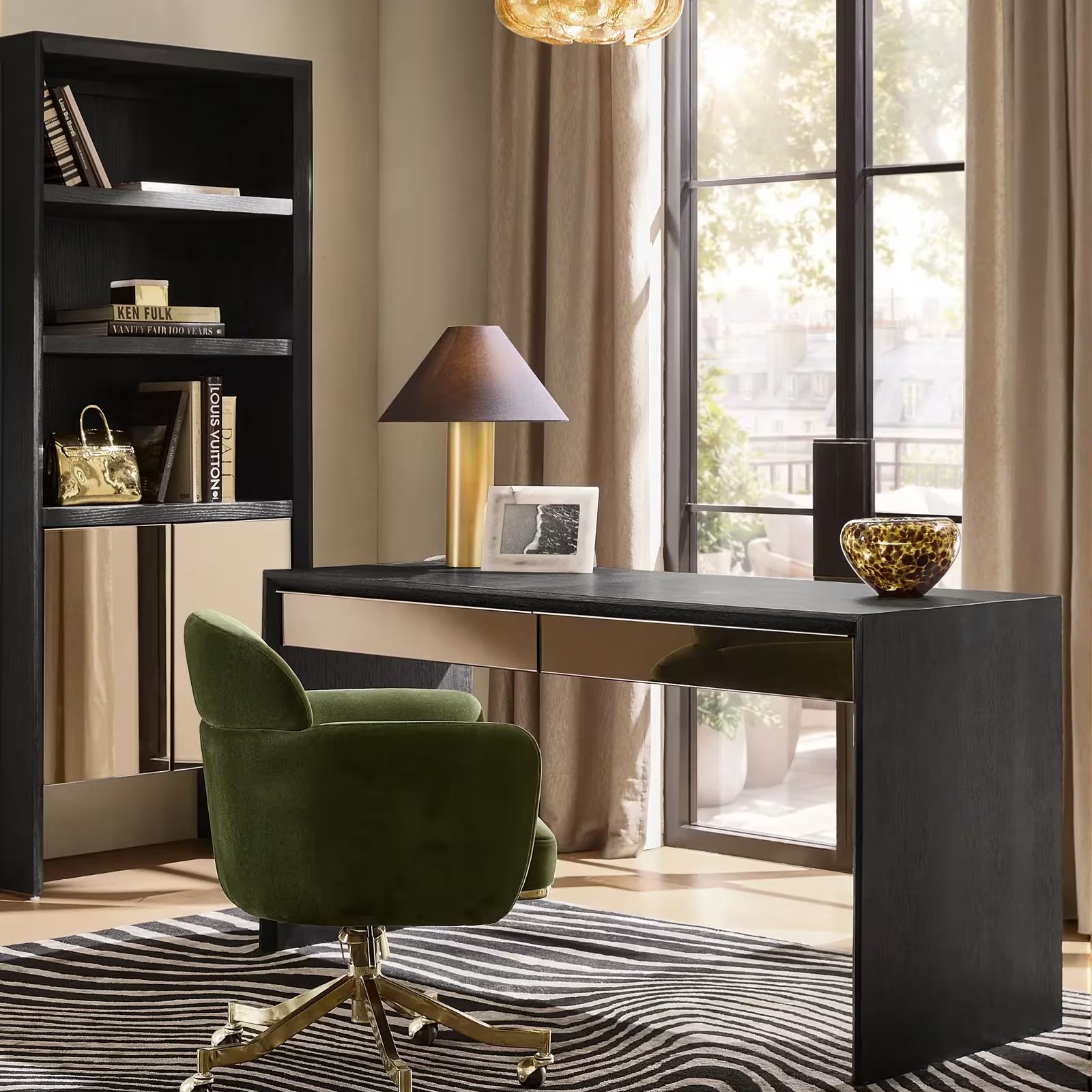Glimmer Mirrored 2-Drawer Black Oak Desk (62")