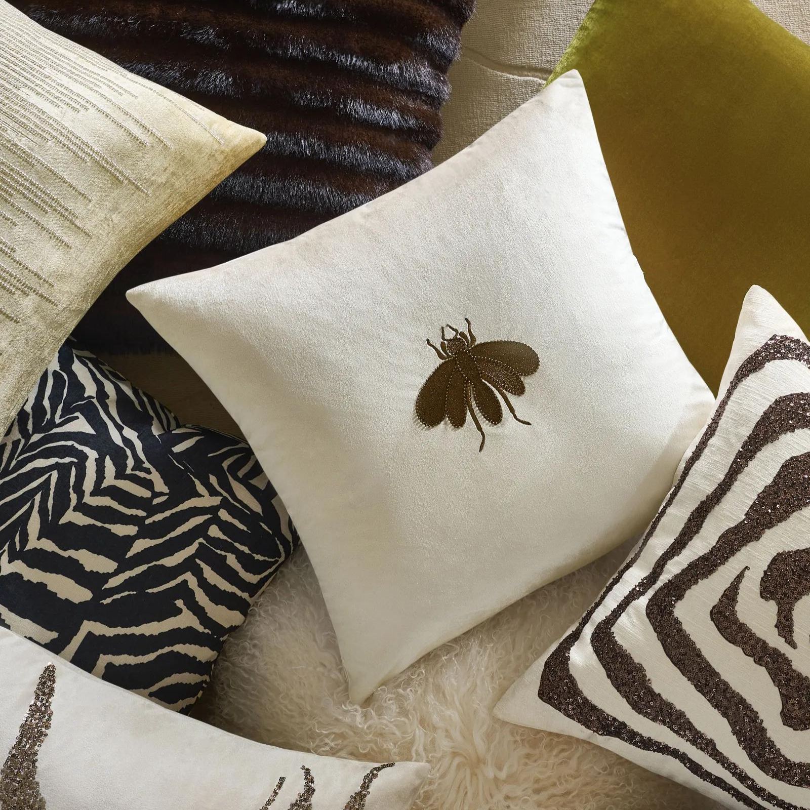 Bee Embroidered Velvet Pillow 20" - Cloud/Bronze
