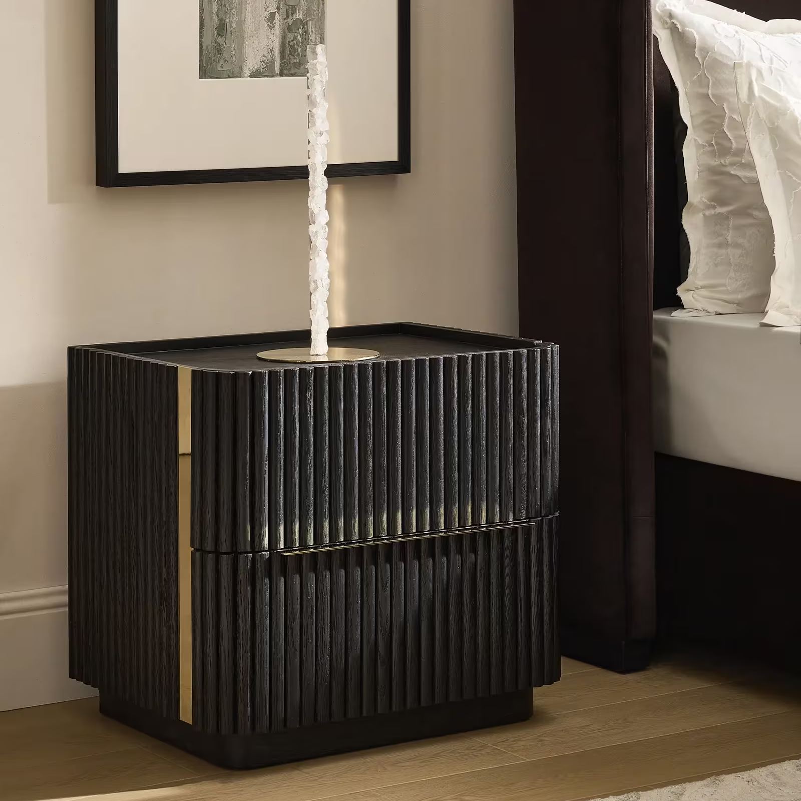 Stria Reeded Black Oak 2-Drawer Nightstand (26")