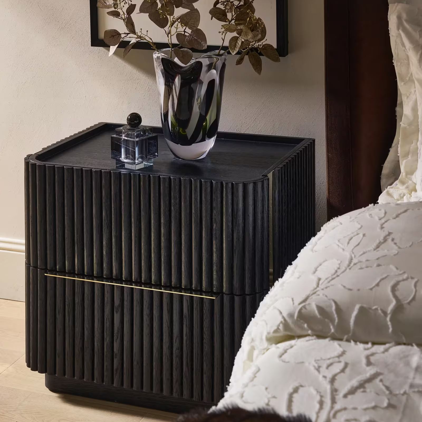 Stria Reeded Black Oak 2-Drawer Nightstand (26")