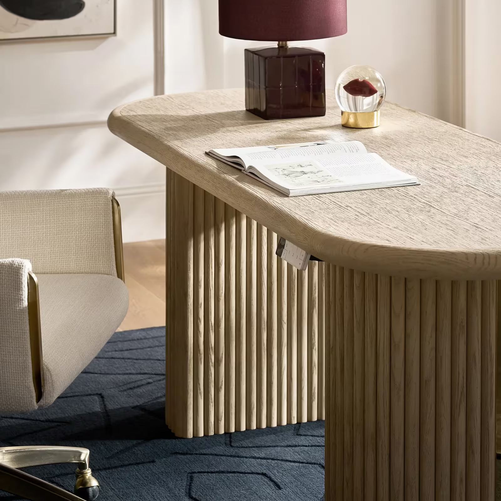 Stria Oval Reeded White Oak Electric Lift Desk (68")
