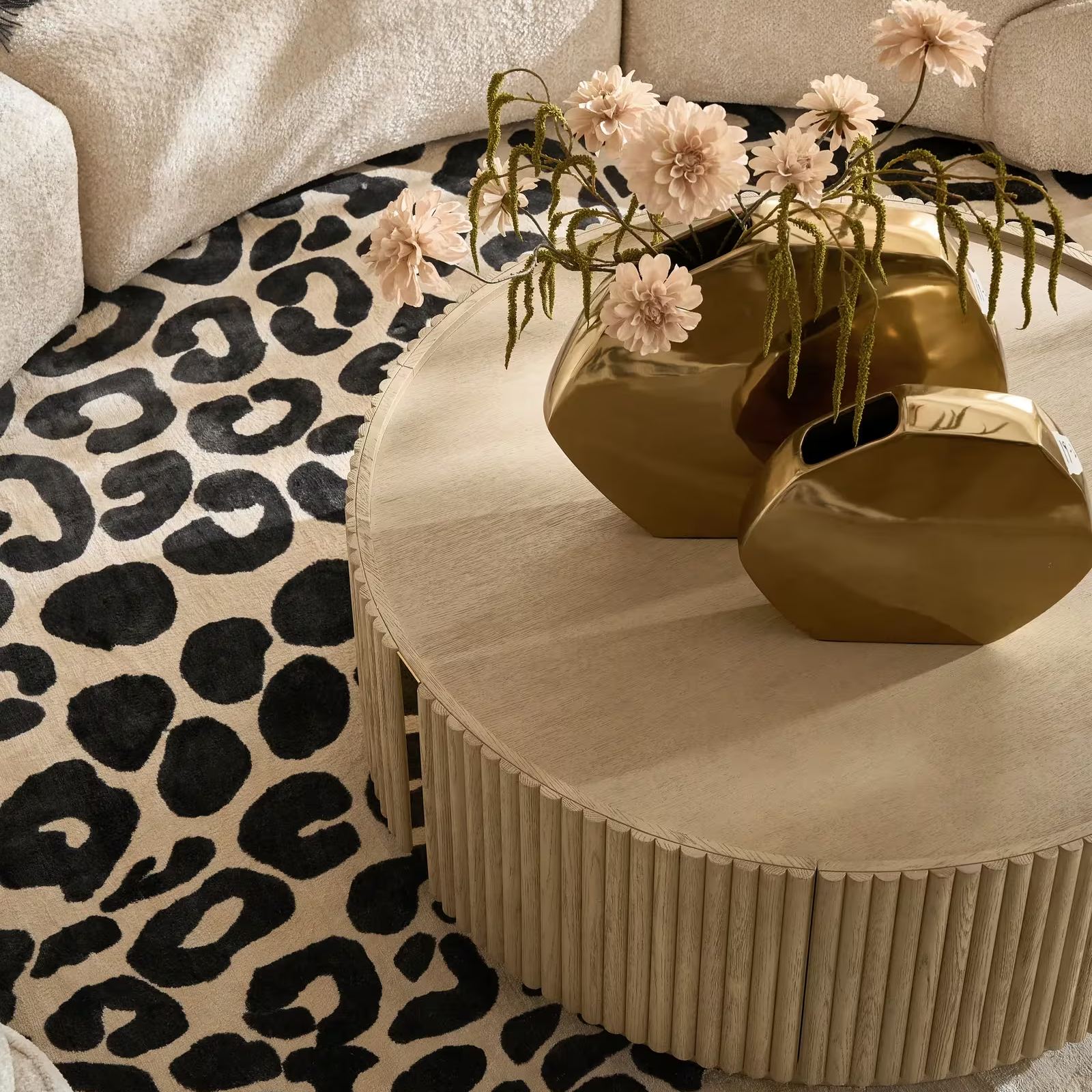 Stria Round Reeded White Oak Coffee Table with Drawer (42.3")