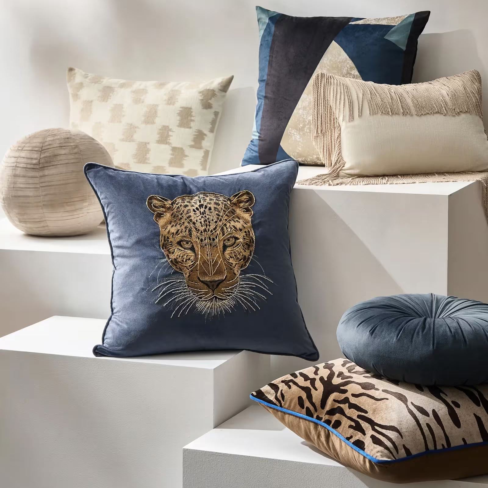 Clea Tufted Round Velvet Pillow 15" - Dusty Blue