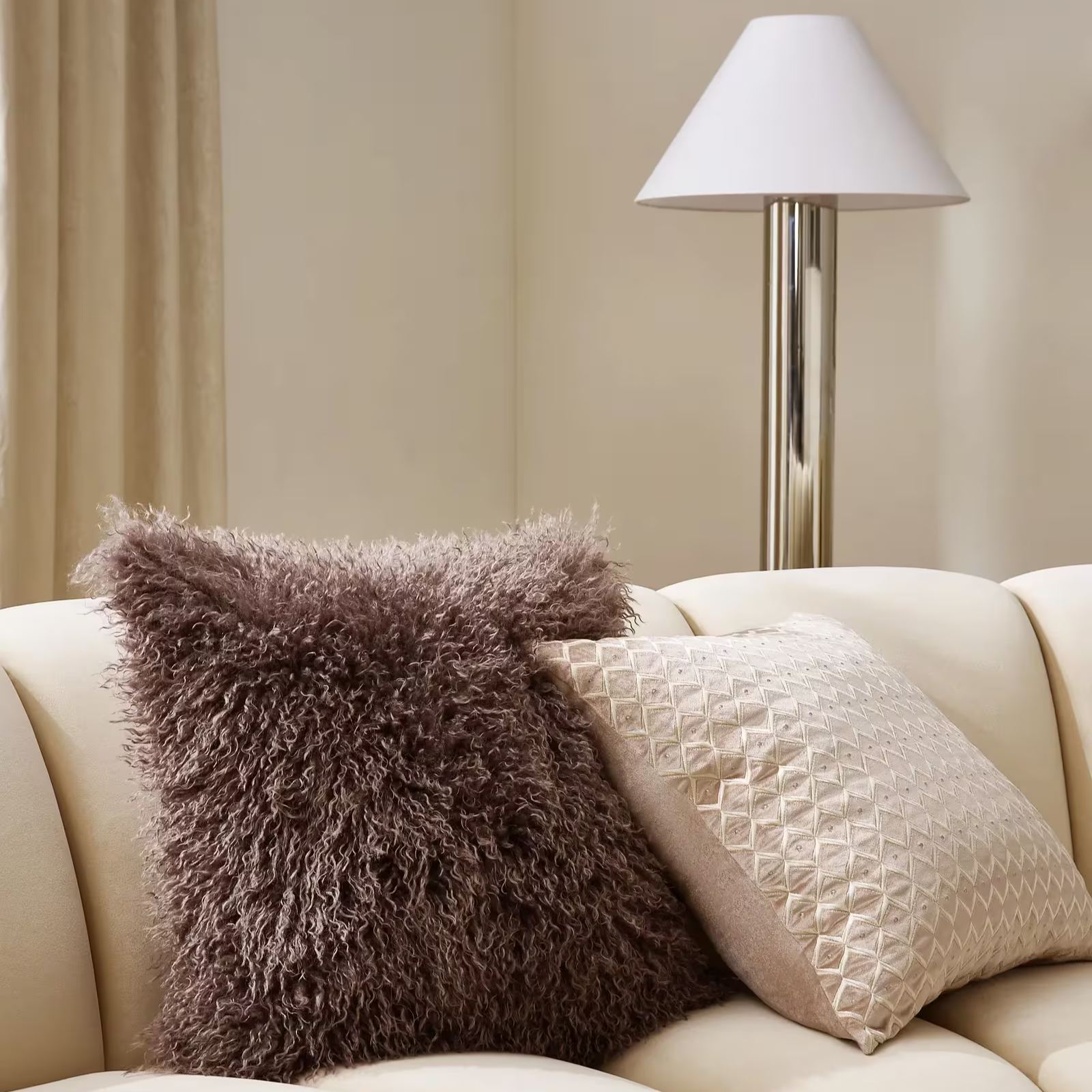 Boucard Diamond Check Embroidered Pillow 22" - Taupe