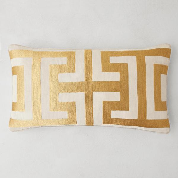 Cace Embroidered Gold/White Linen Lumbar Pillow 14" x 26"