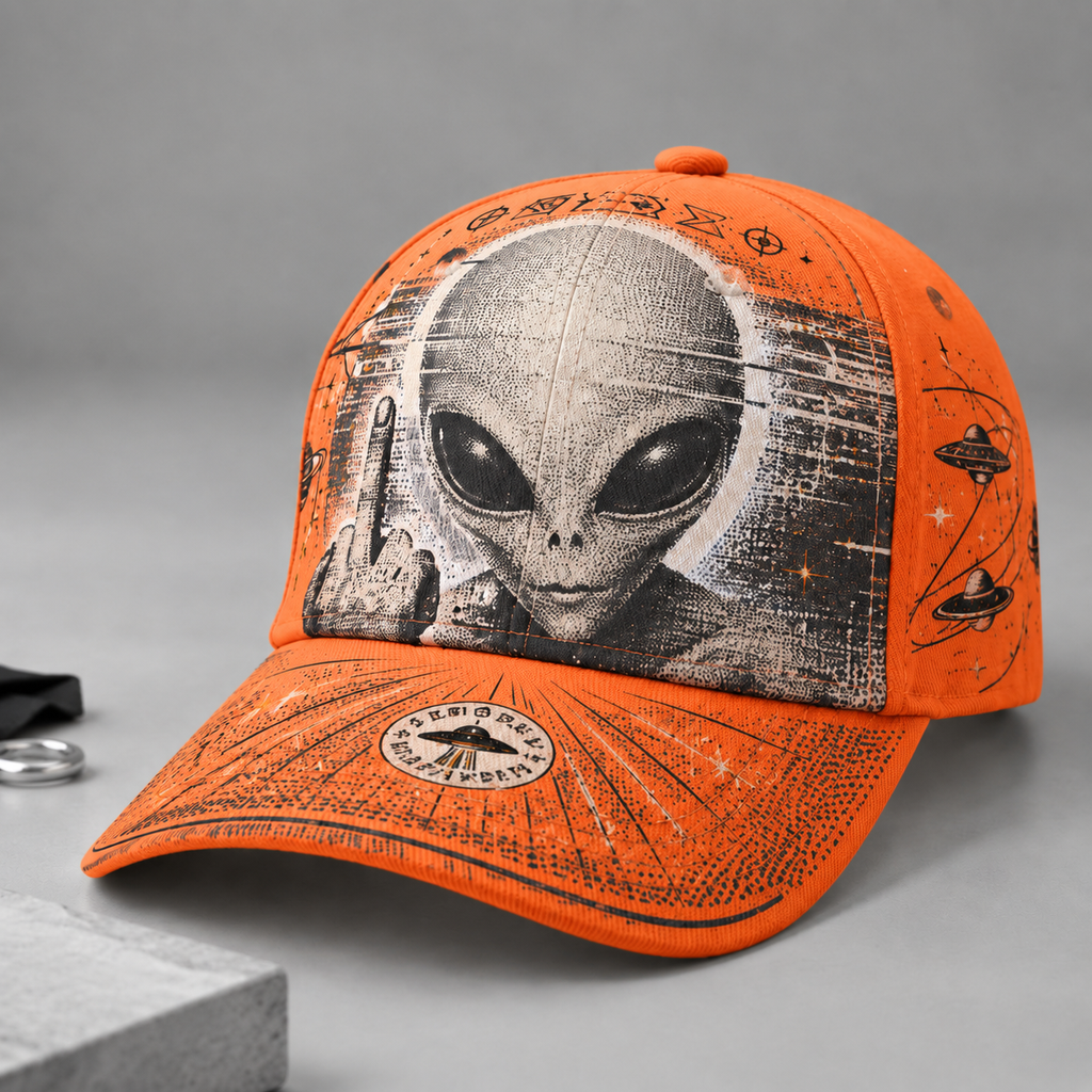 Extraterrestrial Alien Graphic Beige Baseball Cap Orange