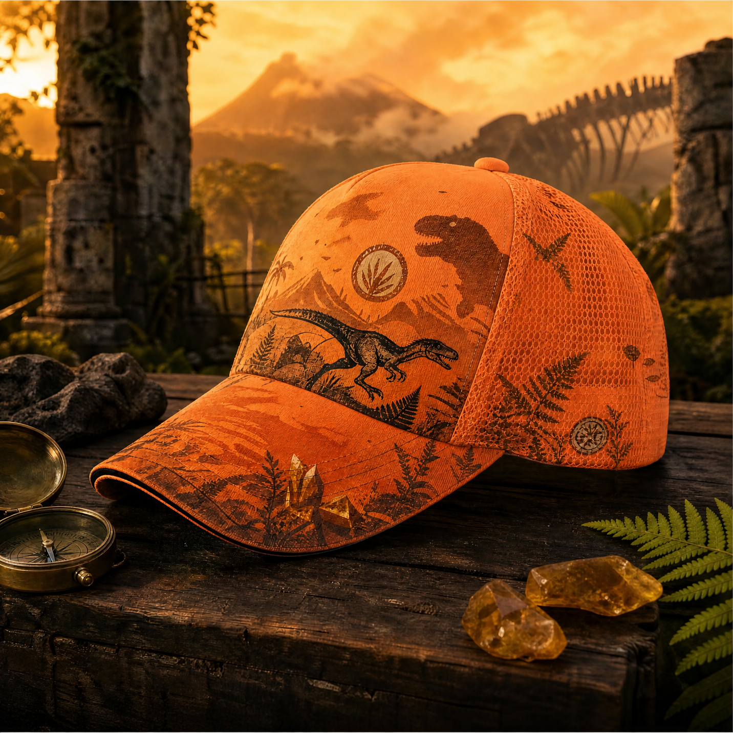 Prehistoric T-Rex Explorer Trucker Hat Orange