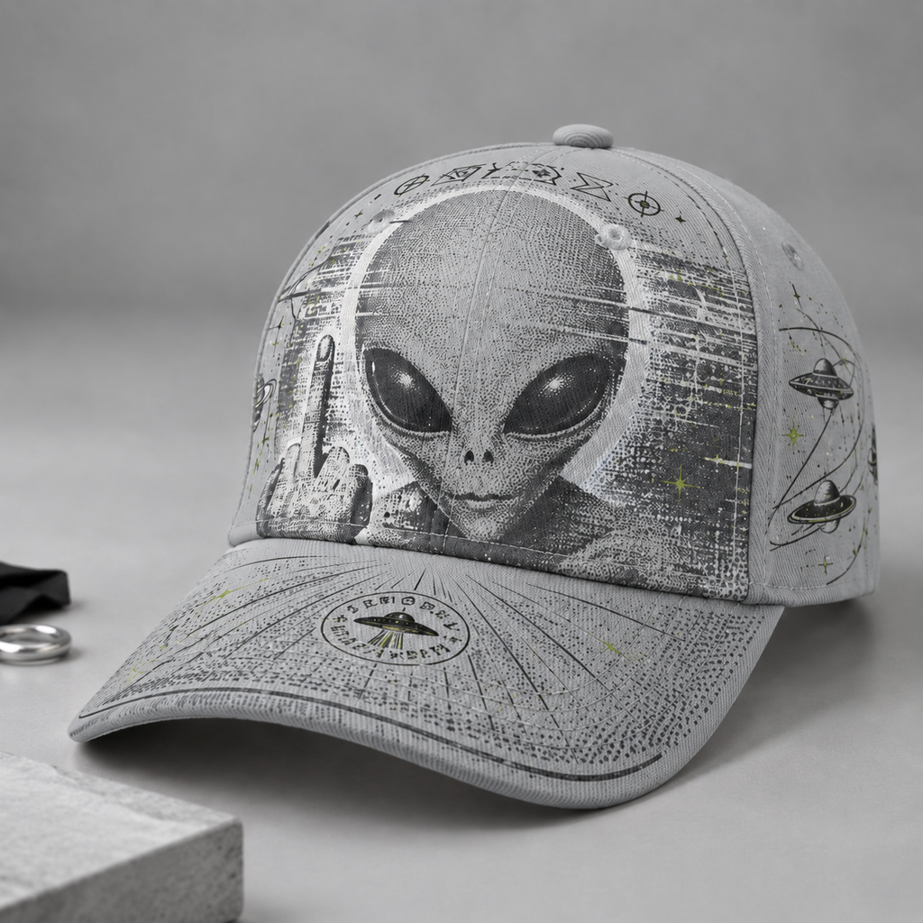Extraterrestrial Alien Graphic Beige Baseball Cap Gray