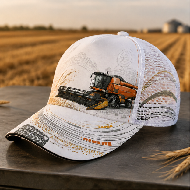 Orange Combine Harvester Trucker Hat LightBlue