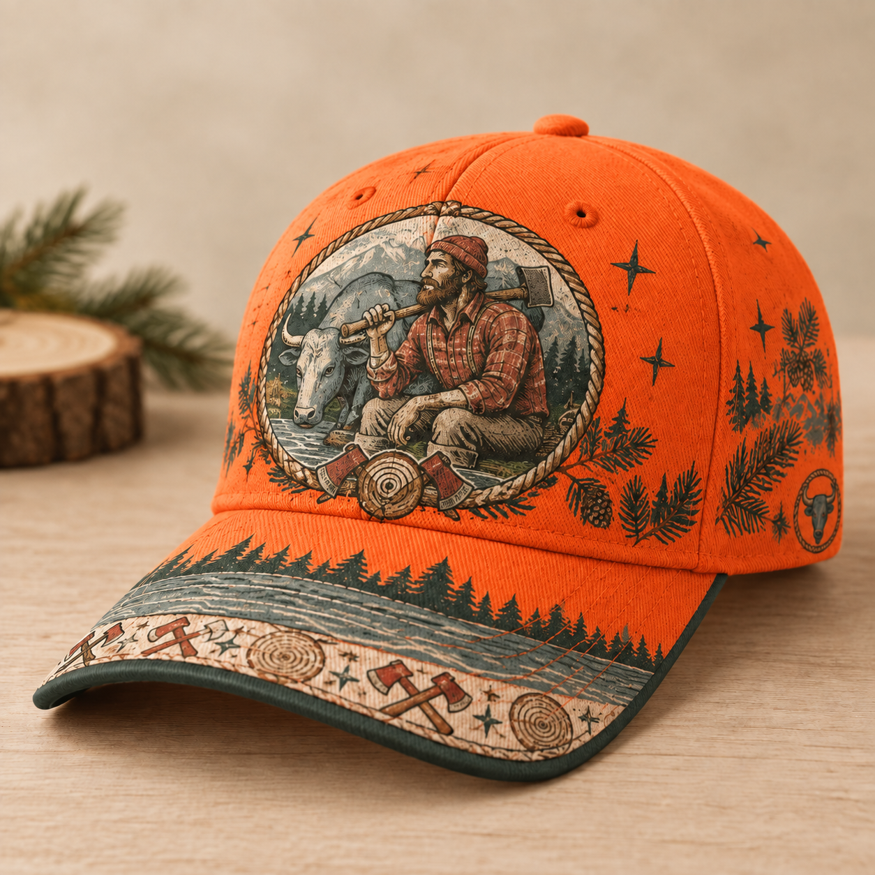 Beige Lumberjack Bull Forest Graphic Baseball Cap Orange