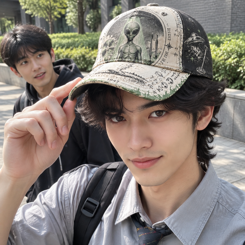 Retro Alien UFO Graphic Beige Baseball Cap product view 5