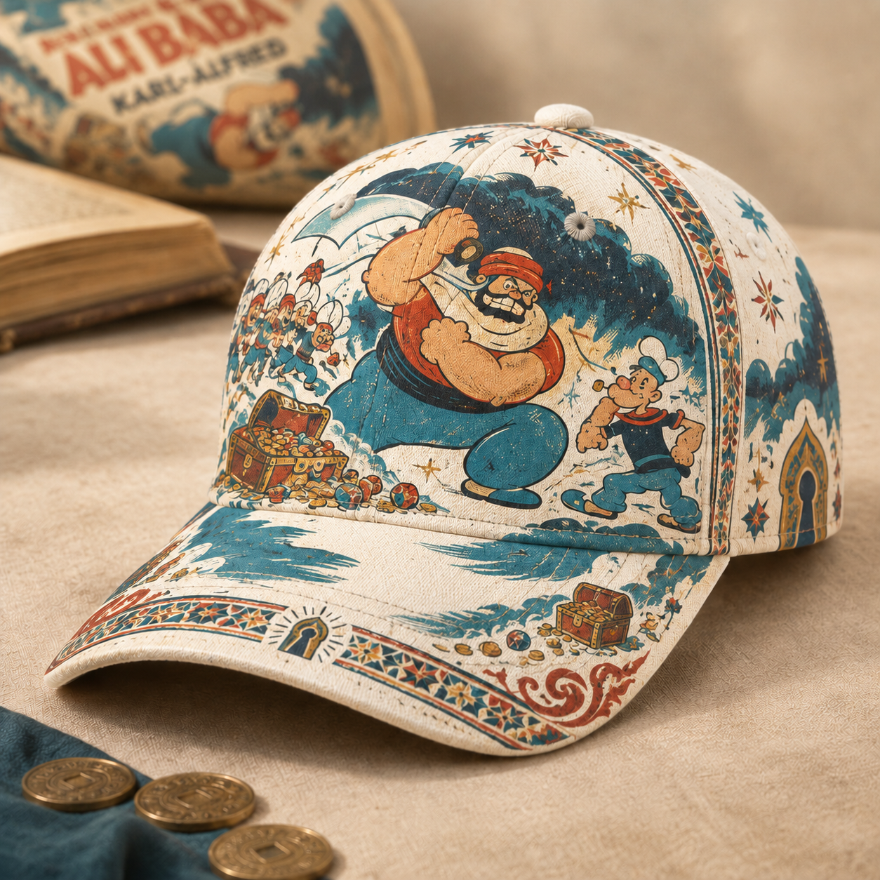 Vintage Comic Sailor Adventure Graphic Baseball Cap Ivory