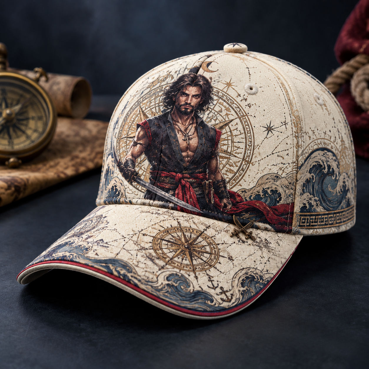 Nautical Swordsman Compass Graphic Baseball Cap Ivory