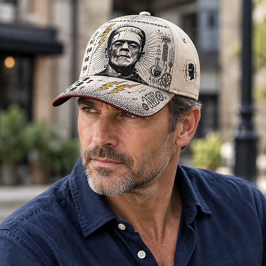 Stitched Monster Lightning Graphic Beige Baseball Cap lifestyle scene 1