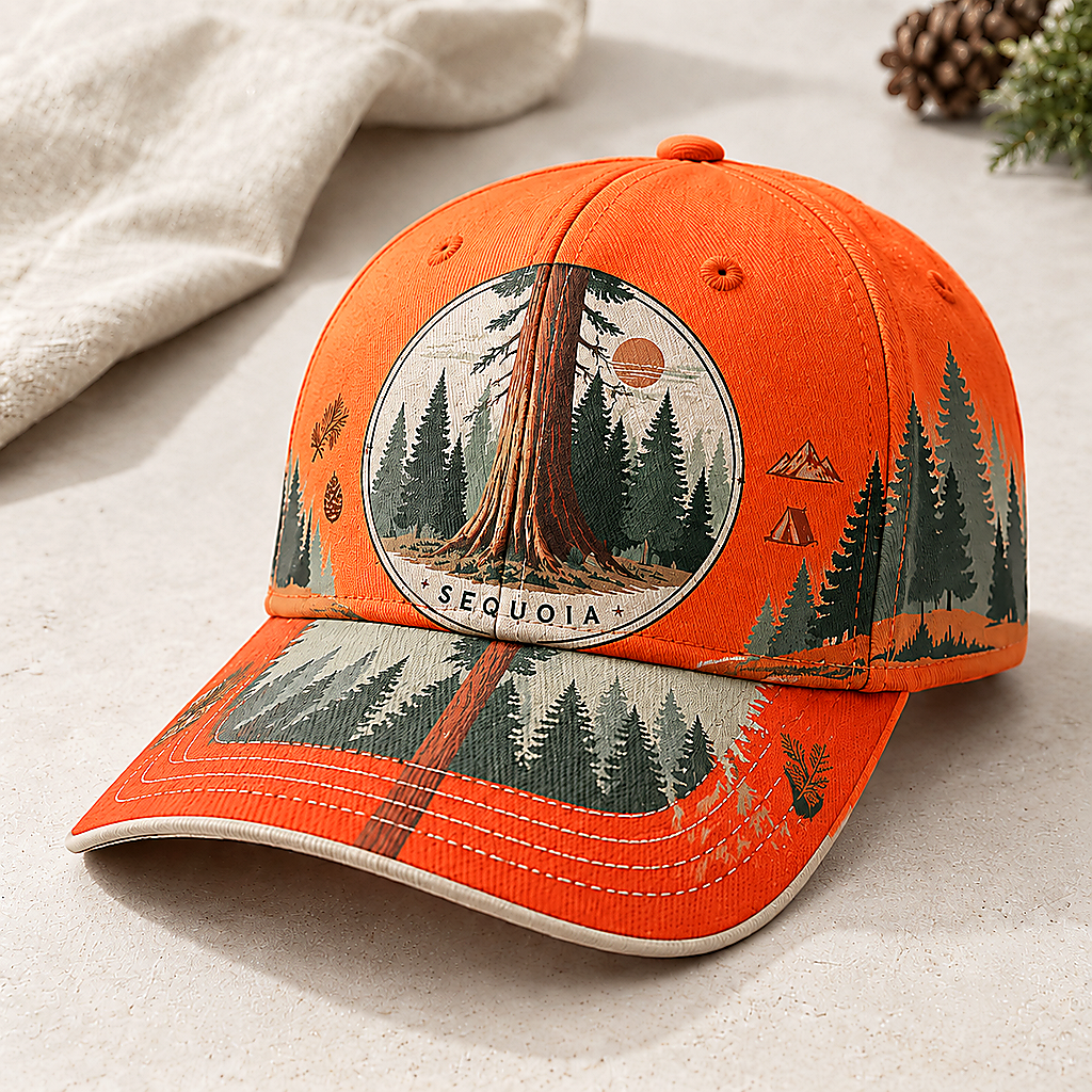 Sequoia Forest Camping Graphic Baseball Cap Orange