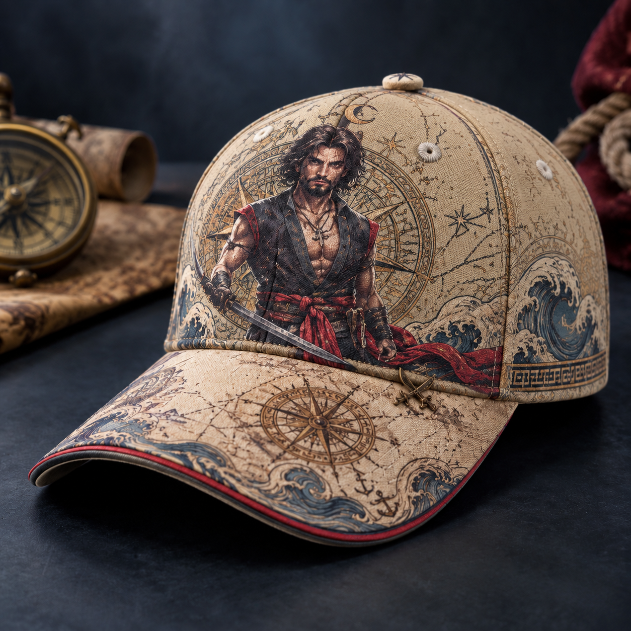 Nautical Swordsman Compass Graphic Baseball Cap Khaki