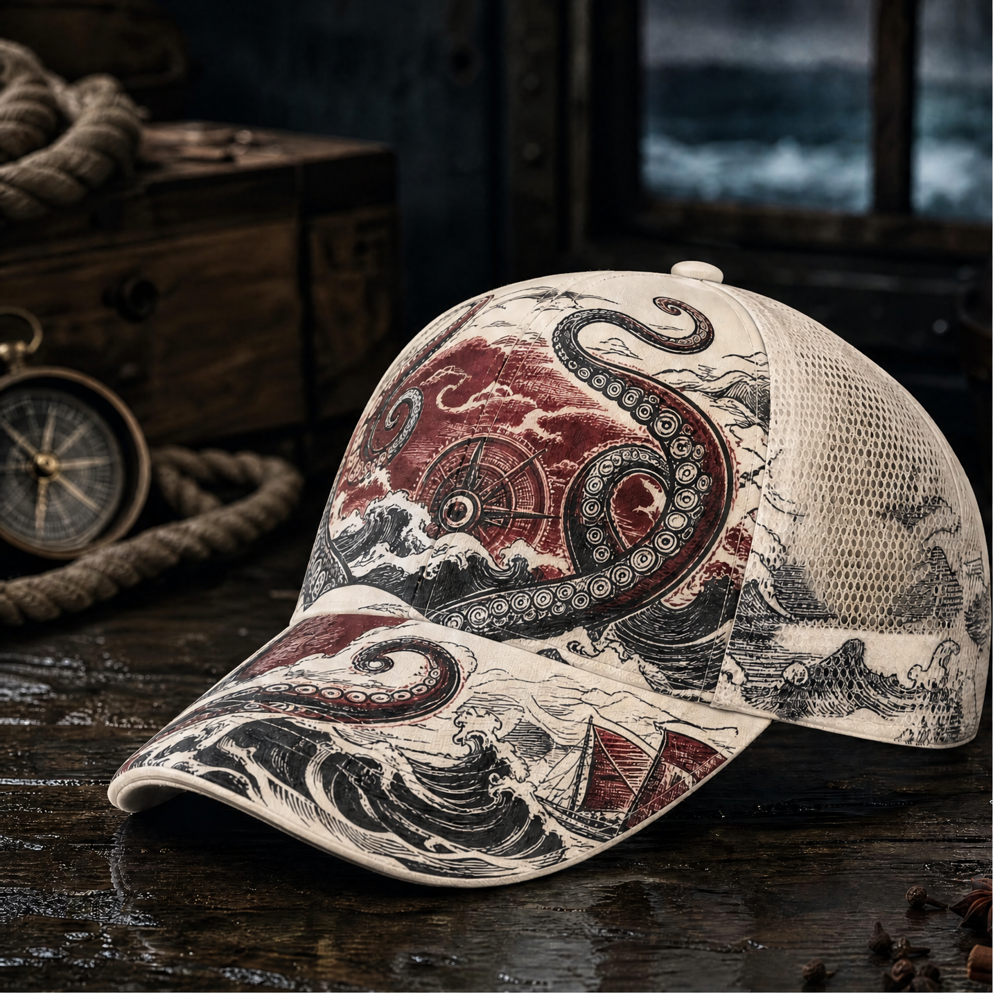 Nautical Octopus Waves Trucker Hat Ivory