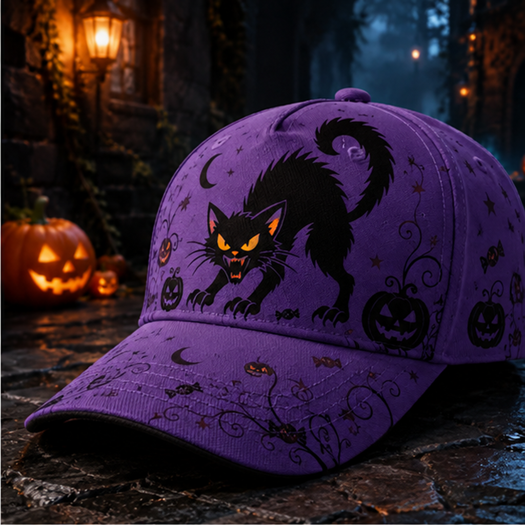 Spooky Black Cat Halloween Baseball Cap Purple