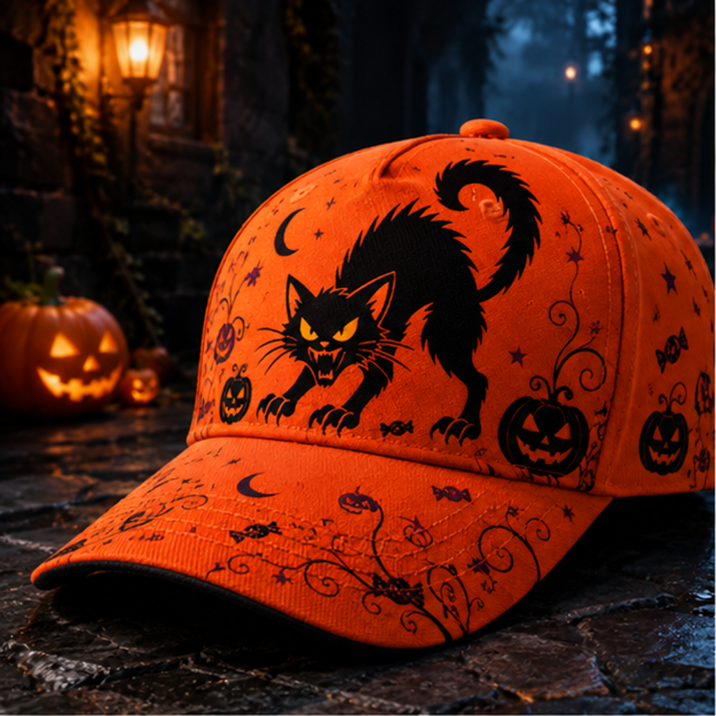 Spooky Black Cat Halloween Baseball Cap Orange