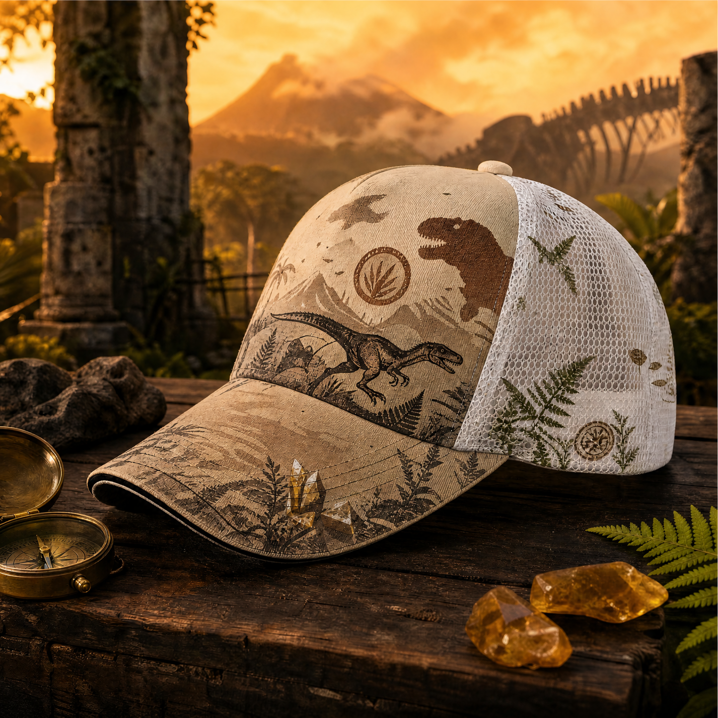Prehistoric T-Rex Explorer Trucker Hat Khaki