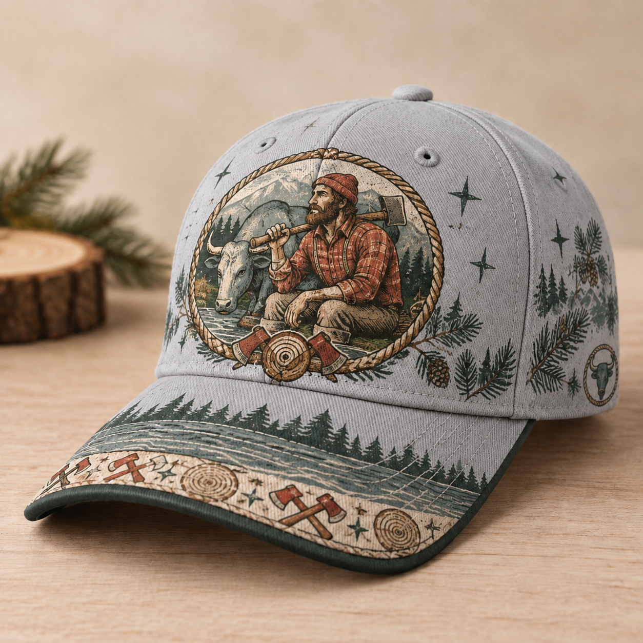 Beige Lumberjack Bull Forest Graphic Baseball Cap Gray
