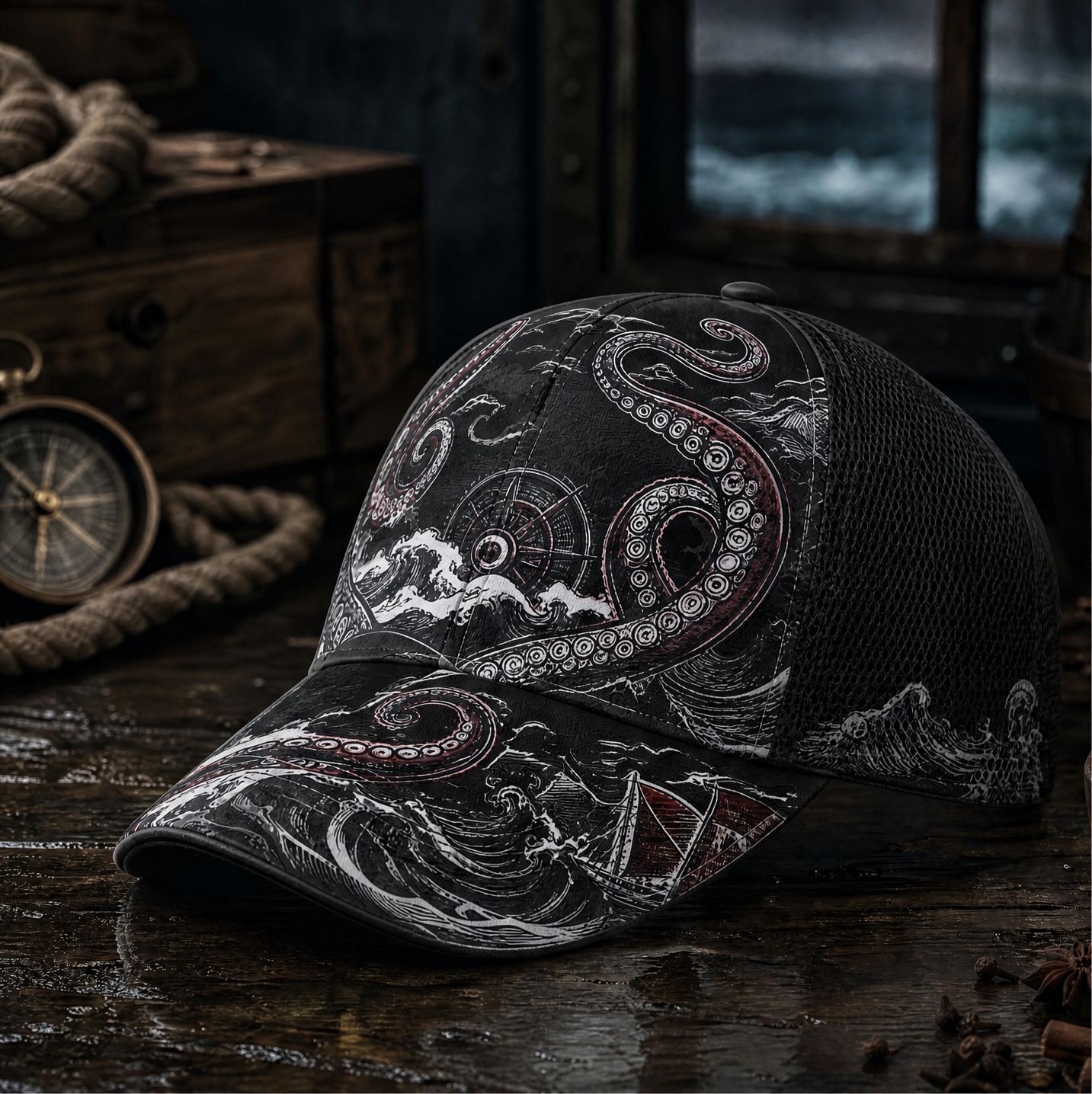Nautical Octopus Waves Trucker Hat Black