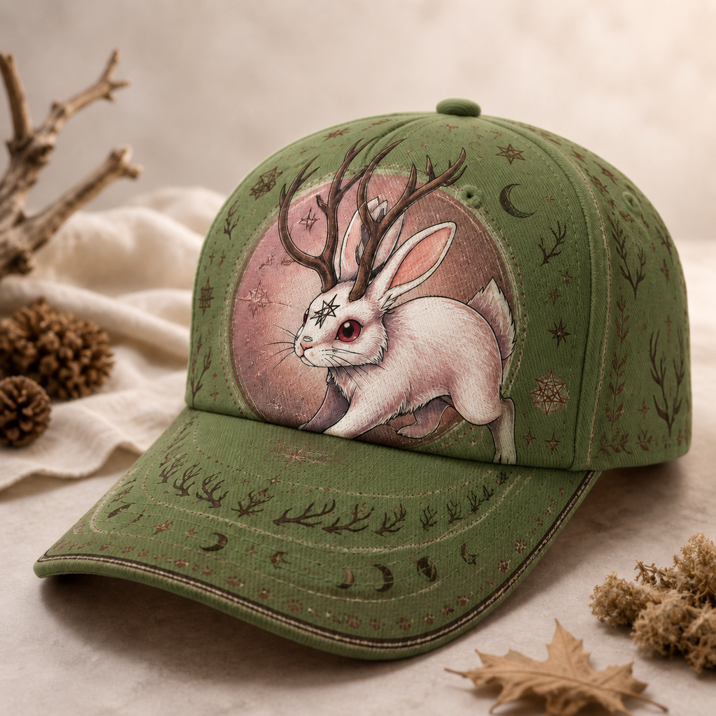 Celestial Jackalope Horned Rabbit Baseball Cap Olive